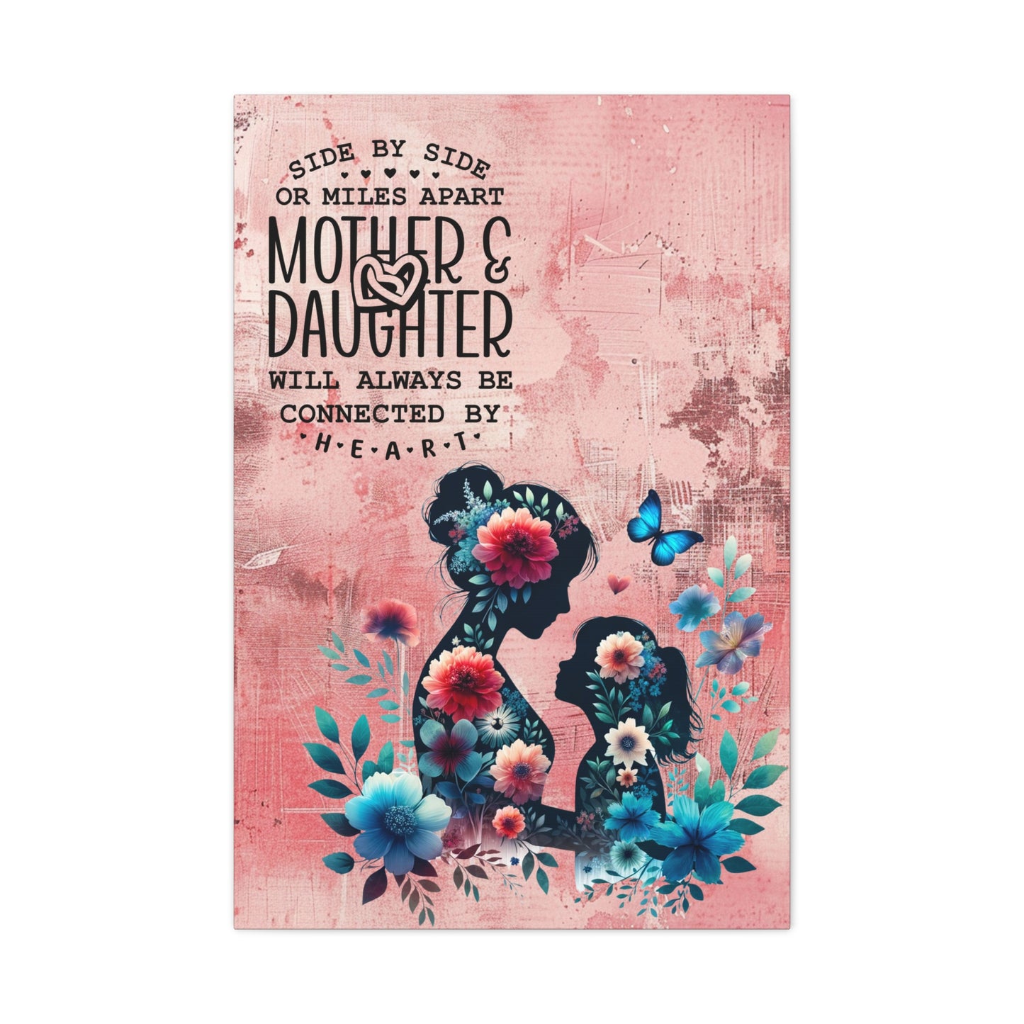 Mother-Daughter Love With Floral And Butterfly Canvas Wall Art Print