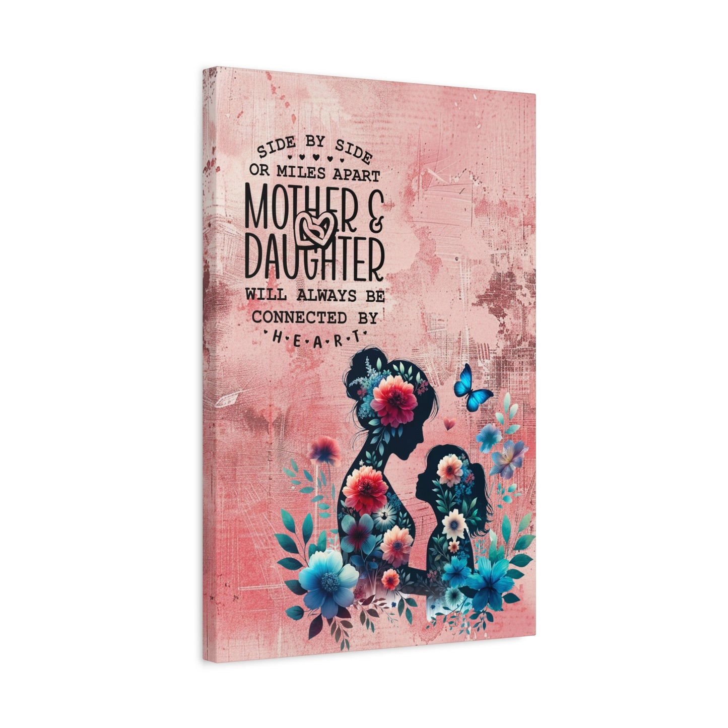 Mother-Daughter Love With Floral And Butterfly Canvas Wall Art Print