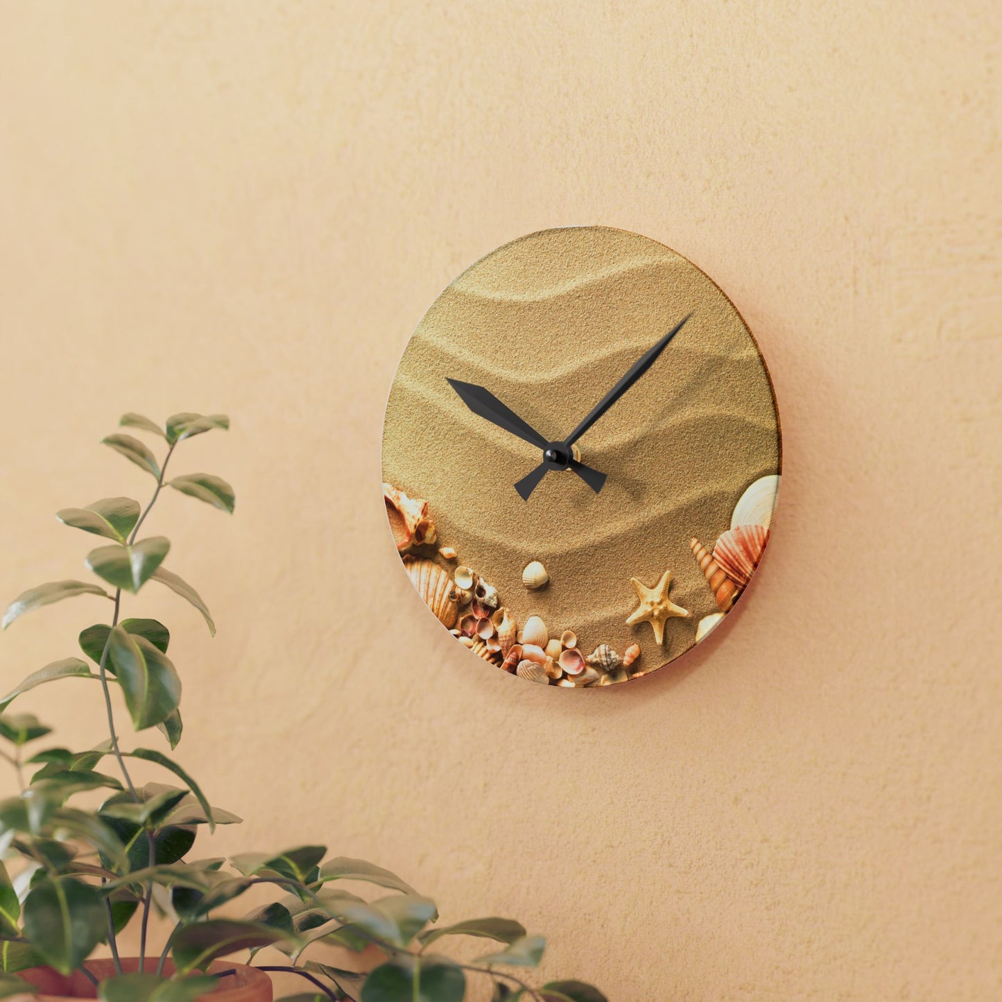 Sand Sea Shells Acrylic Wall Clock - Beach Home Office Decor