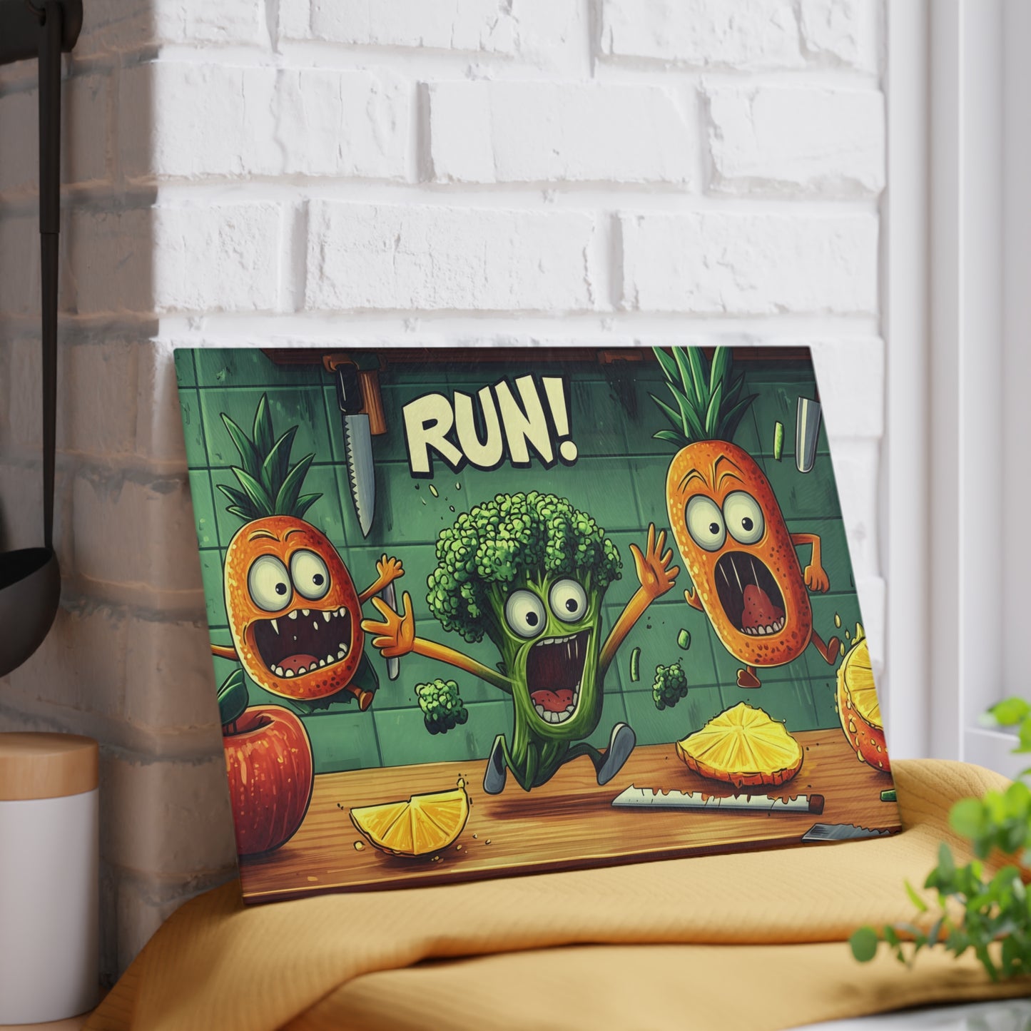 Fun Cartoon Glass Cutting Board - 'Run!' Veggie Design