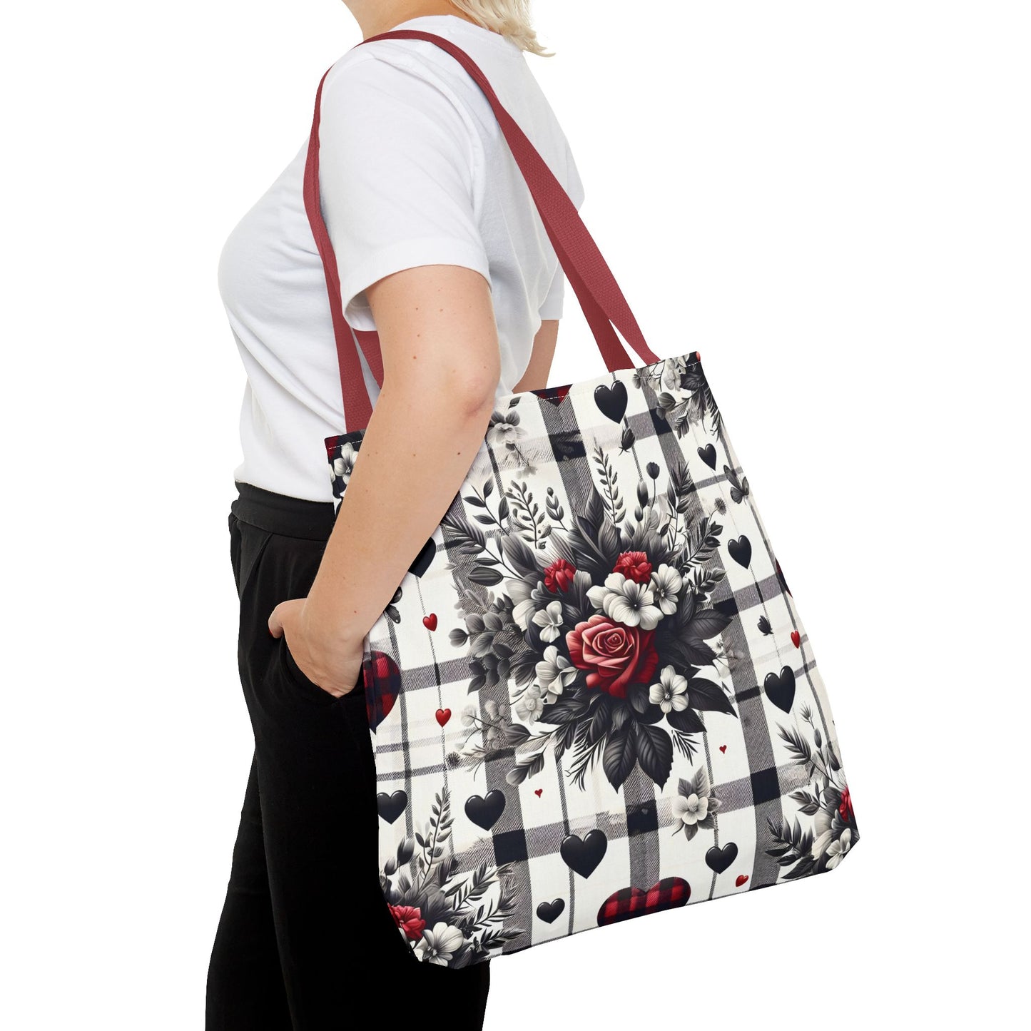 Stylish Valentine Plaid Flower Heart Tote Bag