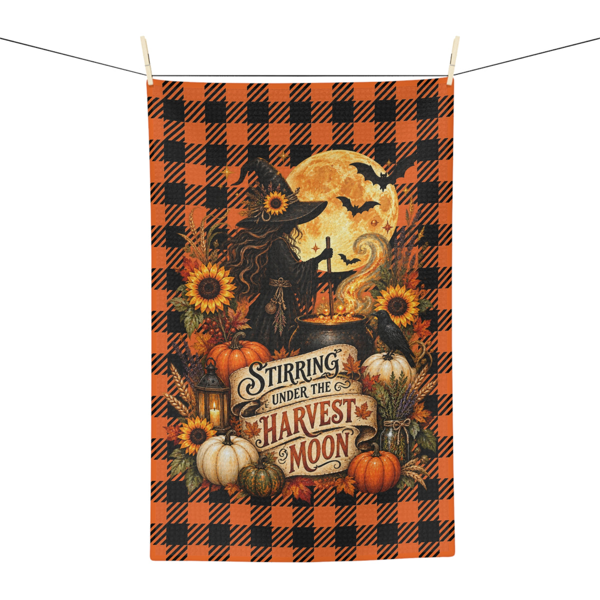 Stirring Under the Harvest Moon Halloween Microfiber Tea Towel