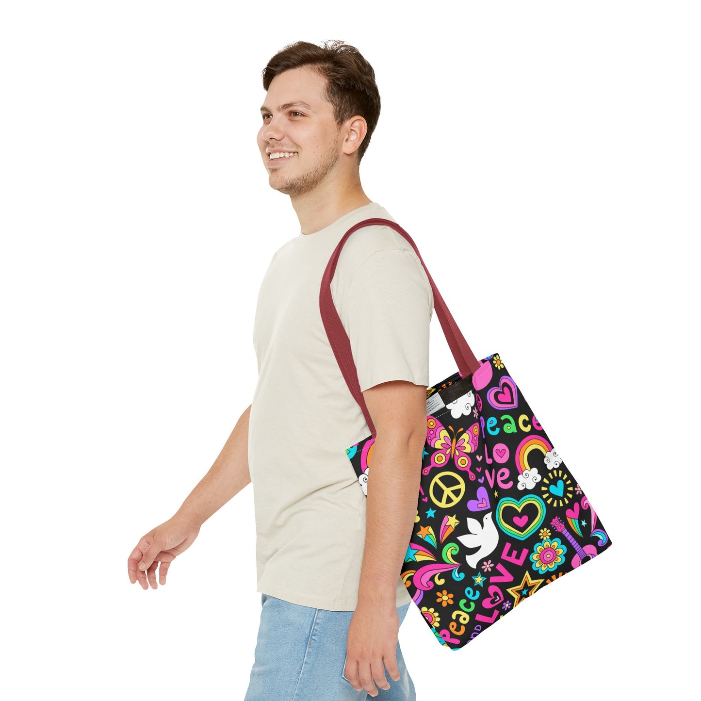 Fashionable Tote Bag (AOP), Stylish, Peace Lovers, Hippie Theme, Great Gift Idea for Birthdays, Holidays or Any Occasion for Anyone