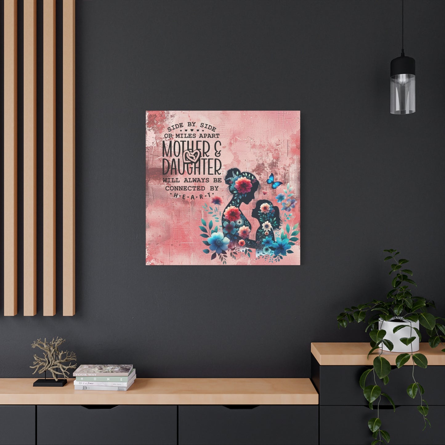 Mother-Daughter Love With Floral And Butterfly Canvas Wall Art Print