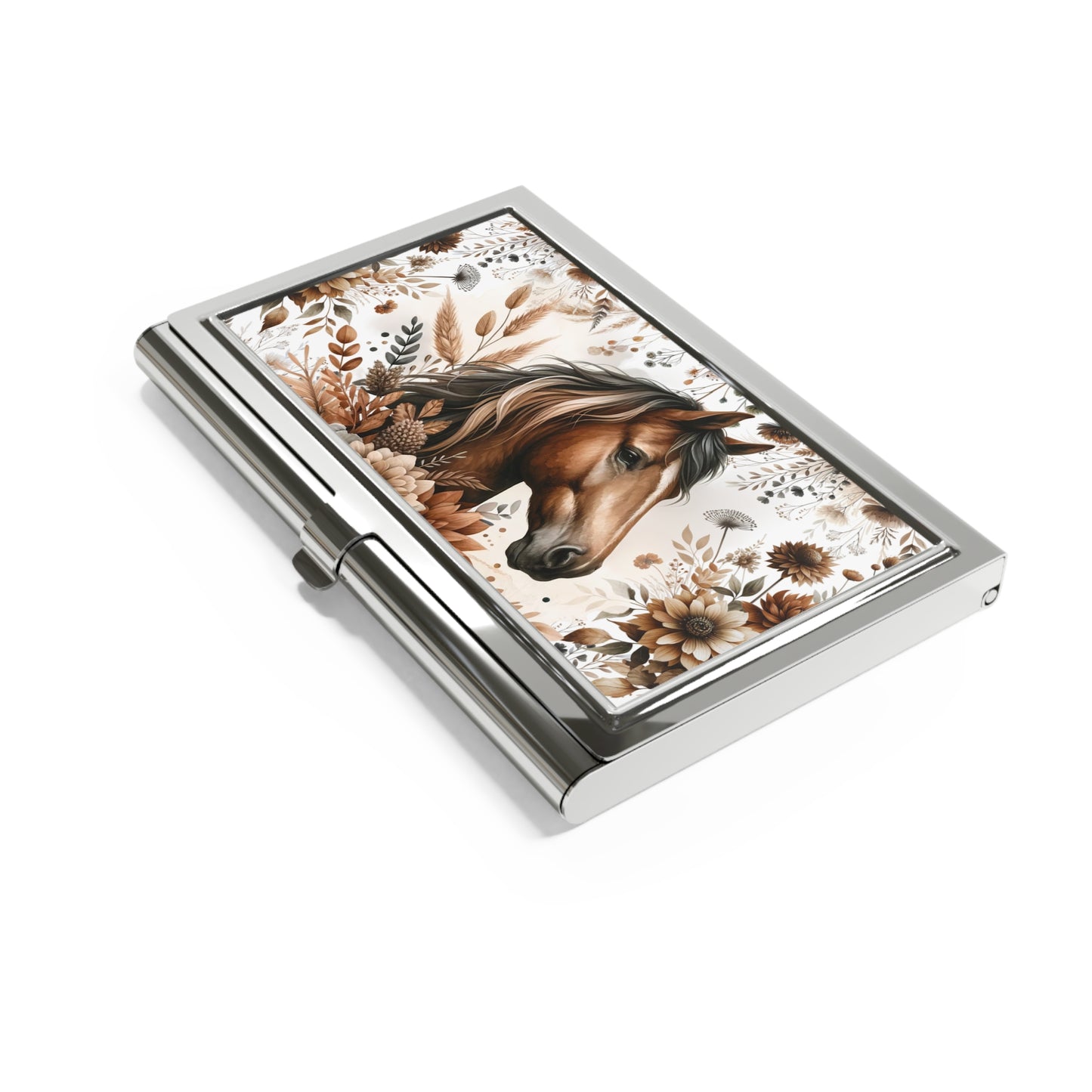 Horse Floral Business Card Holder — Rustic Brown Equestrian Metal Case
