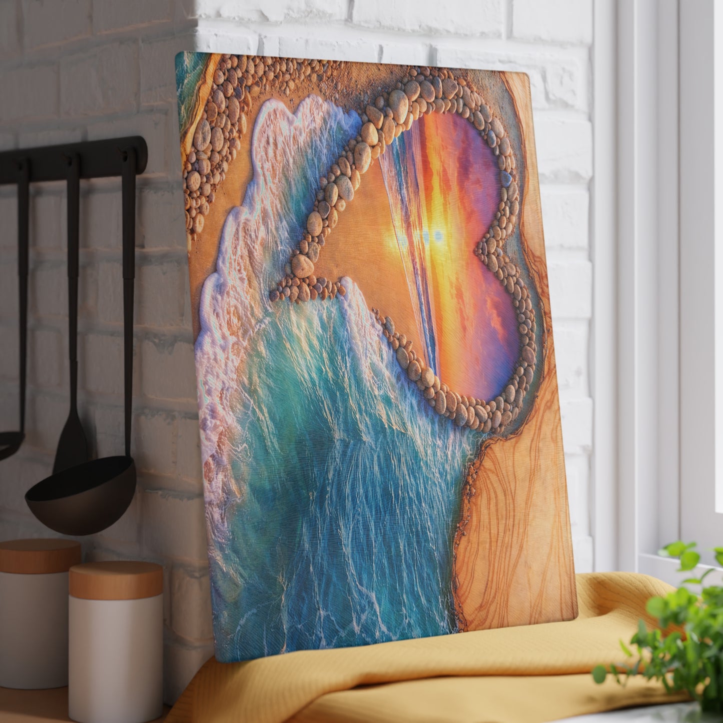 Glass Cutting Board - Heart Beach Sunset Seaside Design