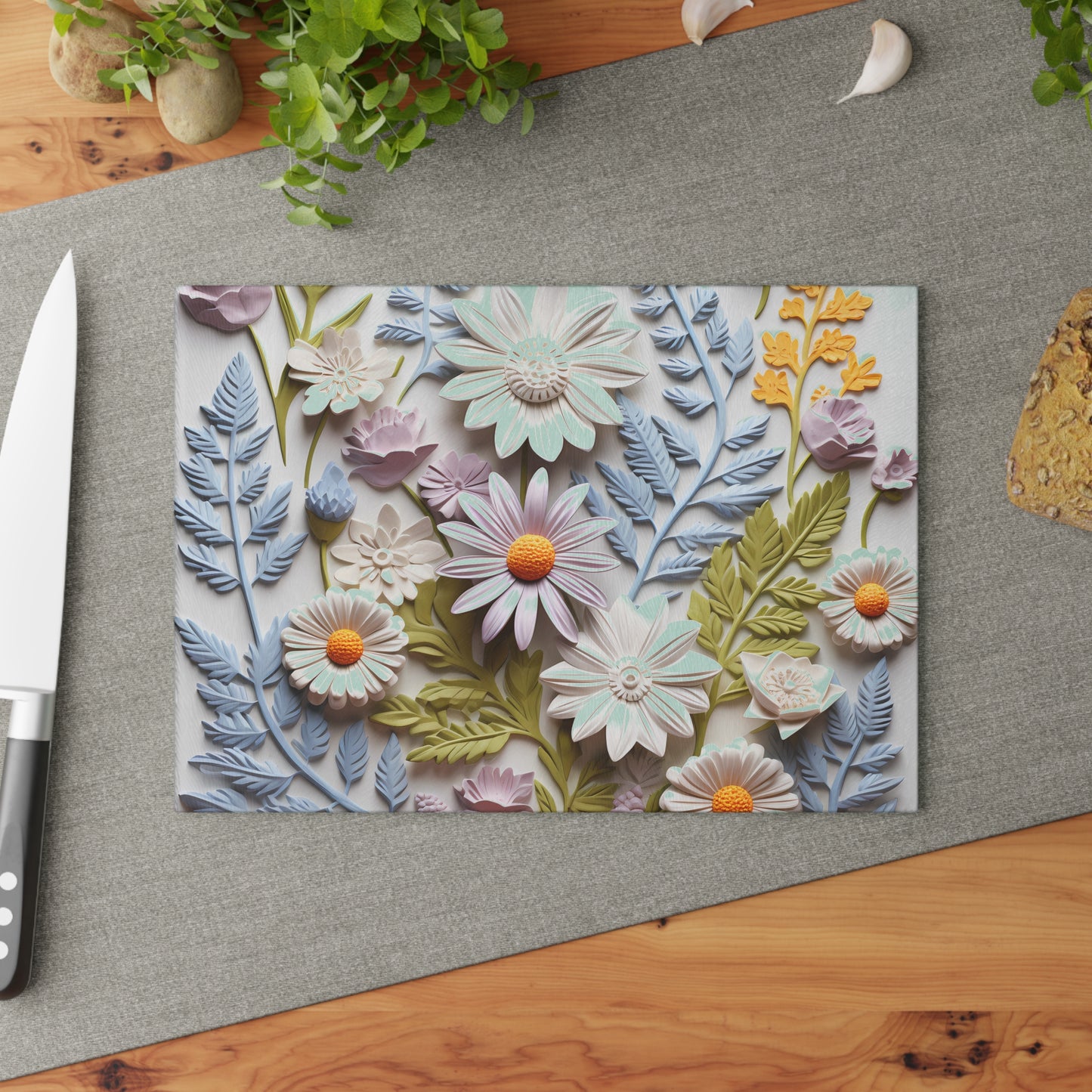 Floral Design Glass Cutting Board - Elegant Kitchen Decor for Food Prep