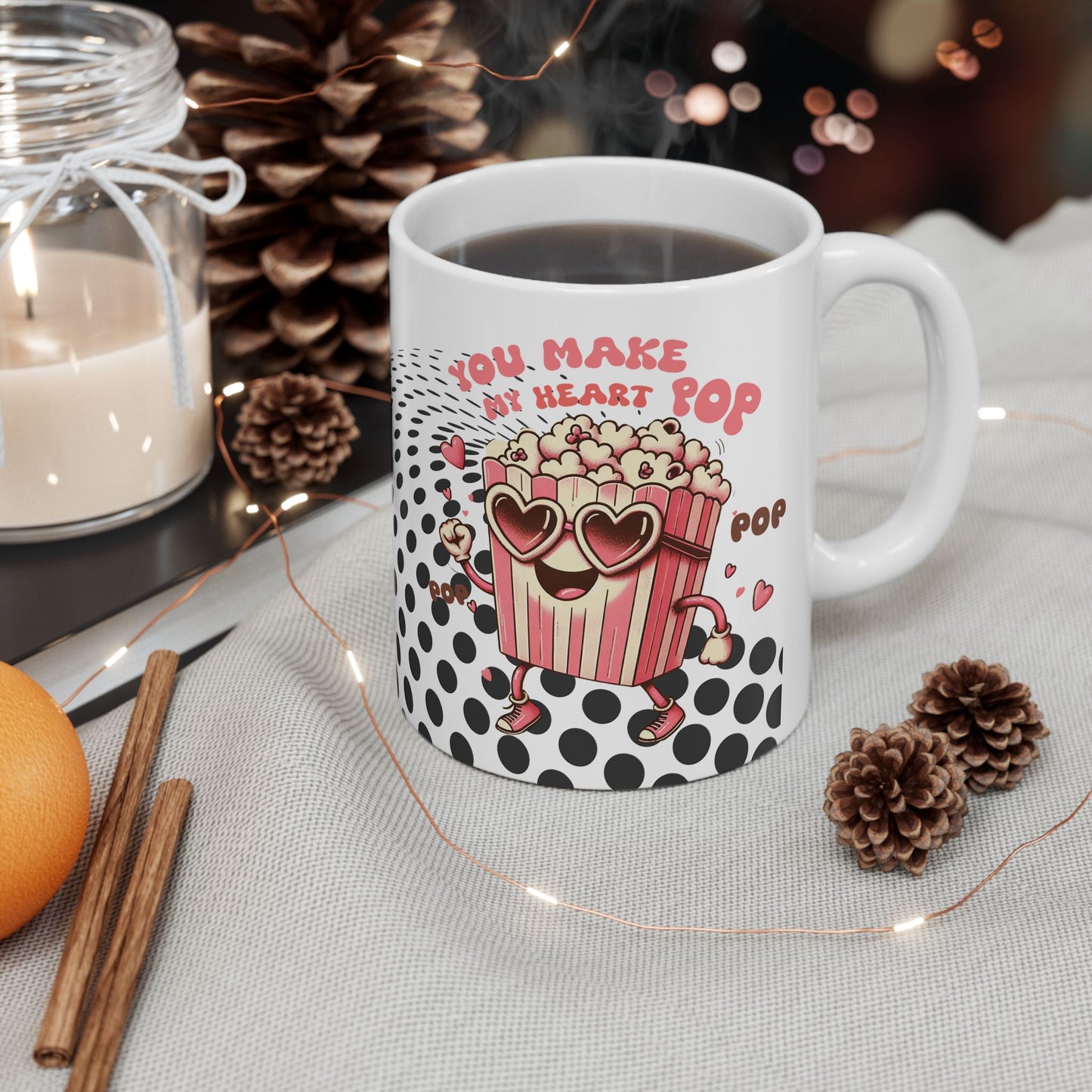 Valentine's Day Ceramic Mug – 'You Make My Heart Pop' Polka Dot Love Coffee Cup (11oz/15oz)
