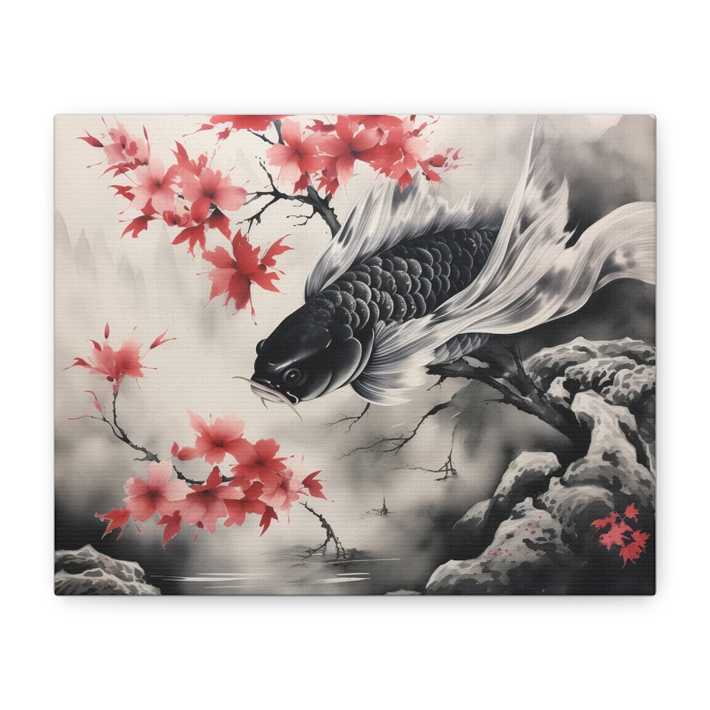 Koi Fish Artwork Canvas Wall Art Print - Elegant Decorative Wall Art with Cherry Blossoms
