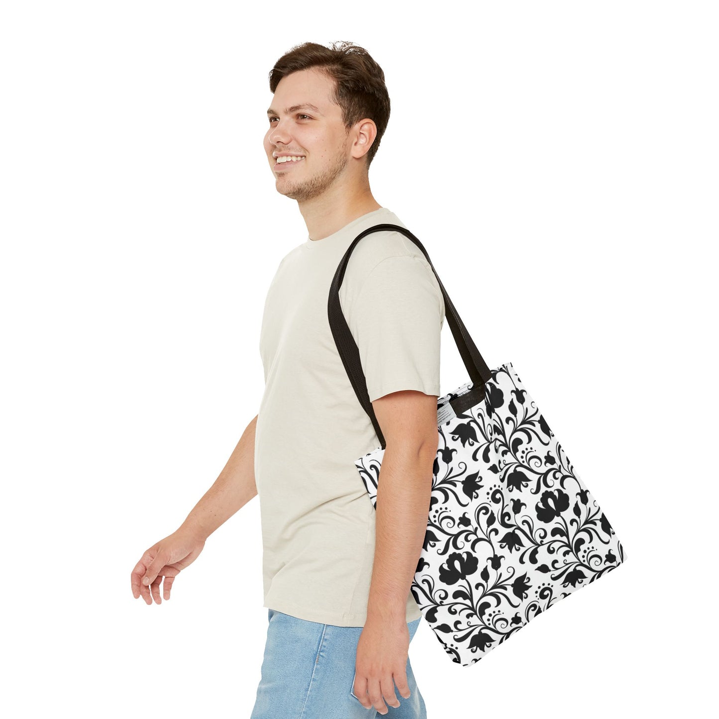 Black and White Floral Tote Bag - Stylish AOP Fashion Everyday Gift