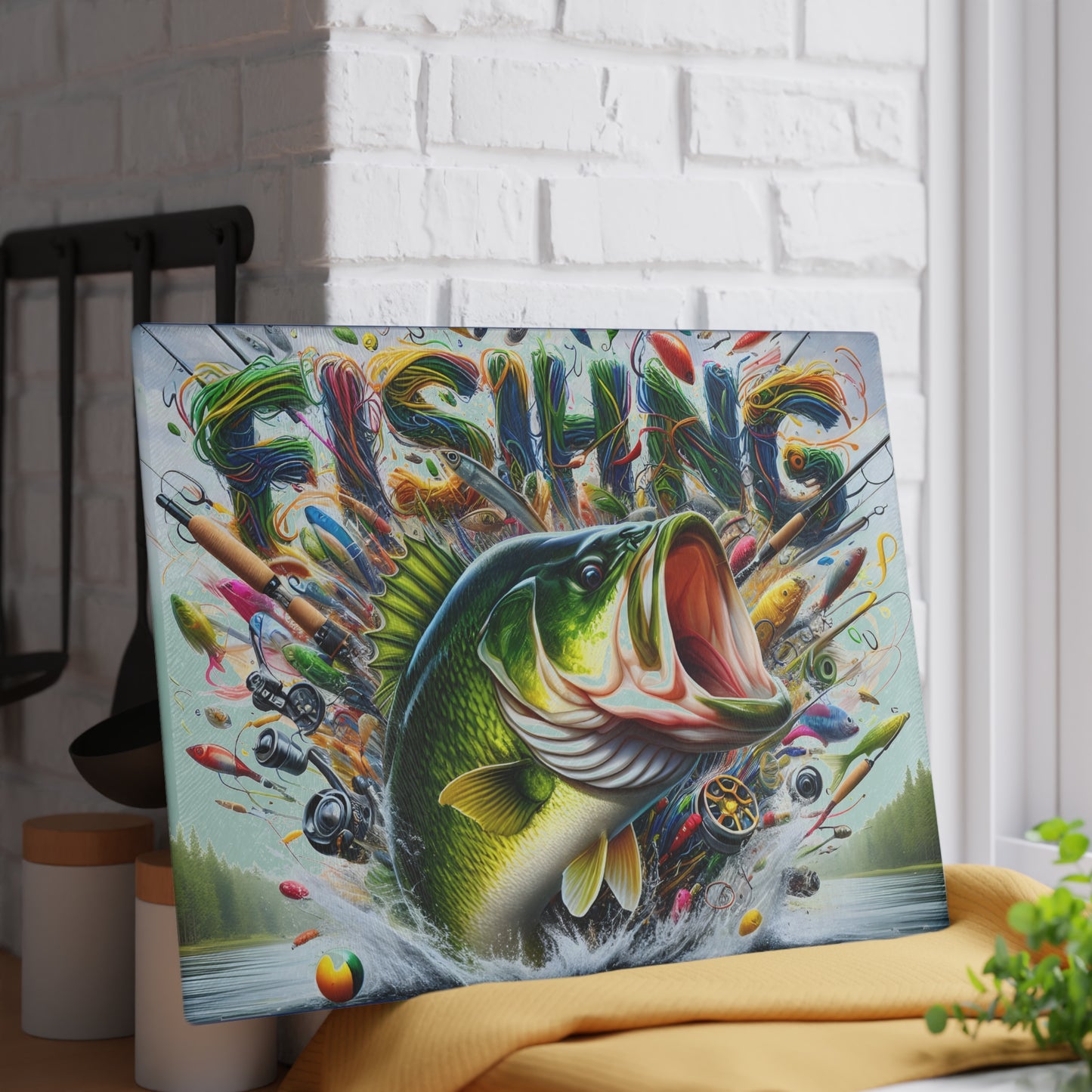 Vibrant Fishing Glass Cutting Board