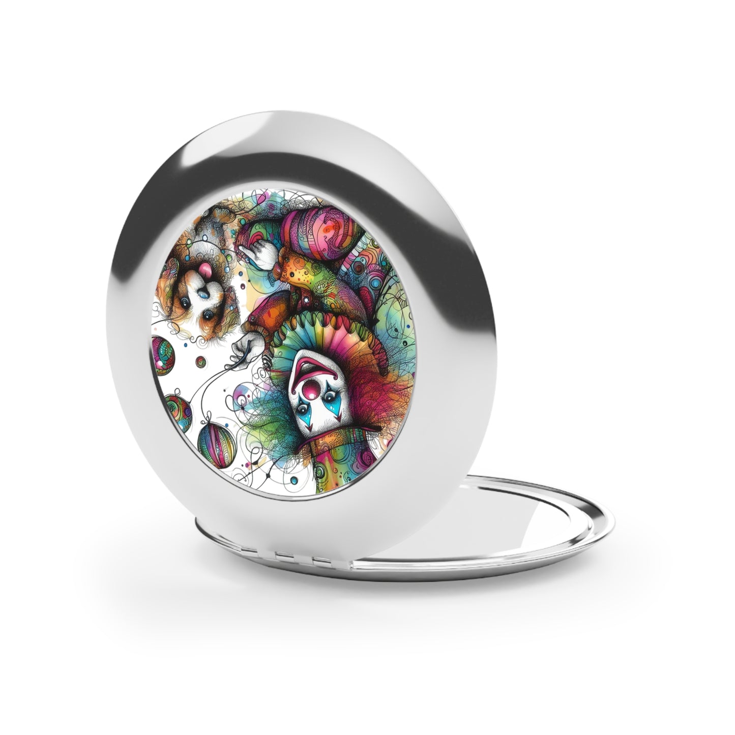 Compact Travel Mirror — Colorful Clown & Puppy Pocket Mirror