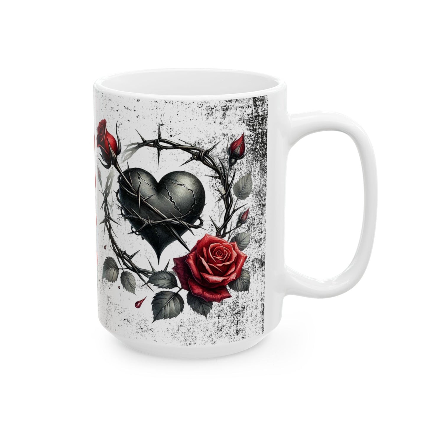 Valentine Ceramic Mug - "Will You Be My Valentine" Gothic Red Rose & Thorn Design with 'Valentine' Hearts (11oz/15oz)