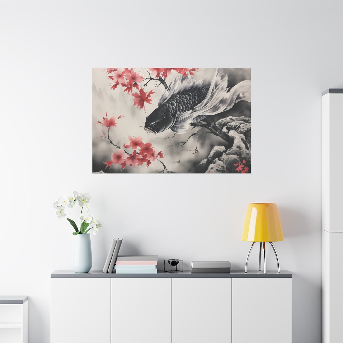 Koi Fish Artwork Canvas Wall Art Print - Elegant Decorative Wall Art with Cherry Blossoms