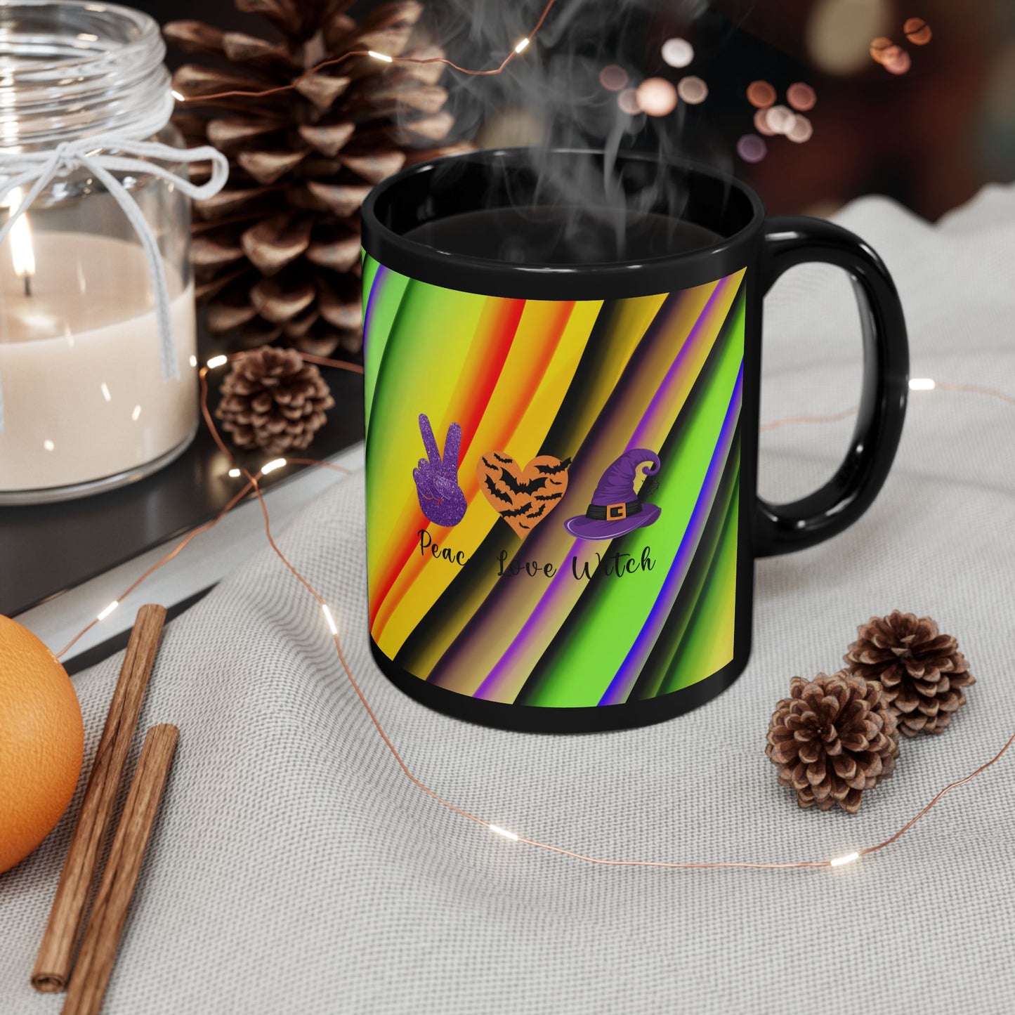 Halloween Theme Black Mug (11oz, 15oz), Halloween Quote, Peace Loving Halloween Lovers, Coffee, Tea, Hot Chocolate Lovers, Great Gift Idea