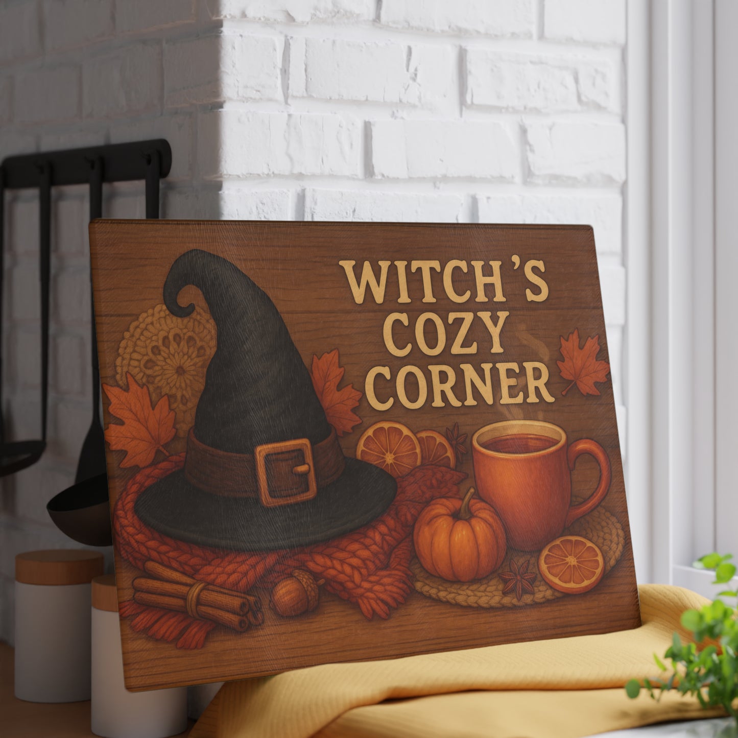 Autumn-Themed Glass Cutting Board - Witch's Cozy Corner