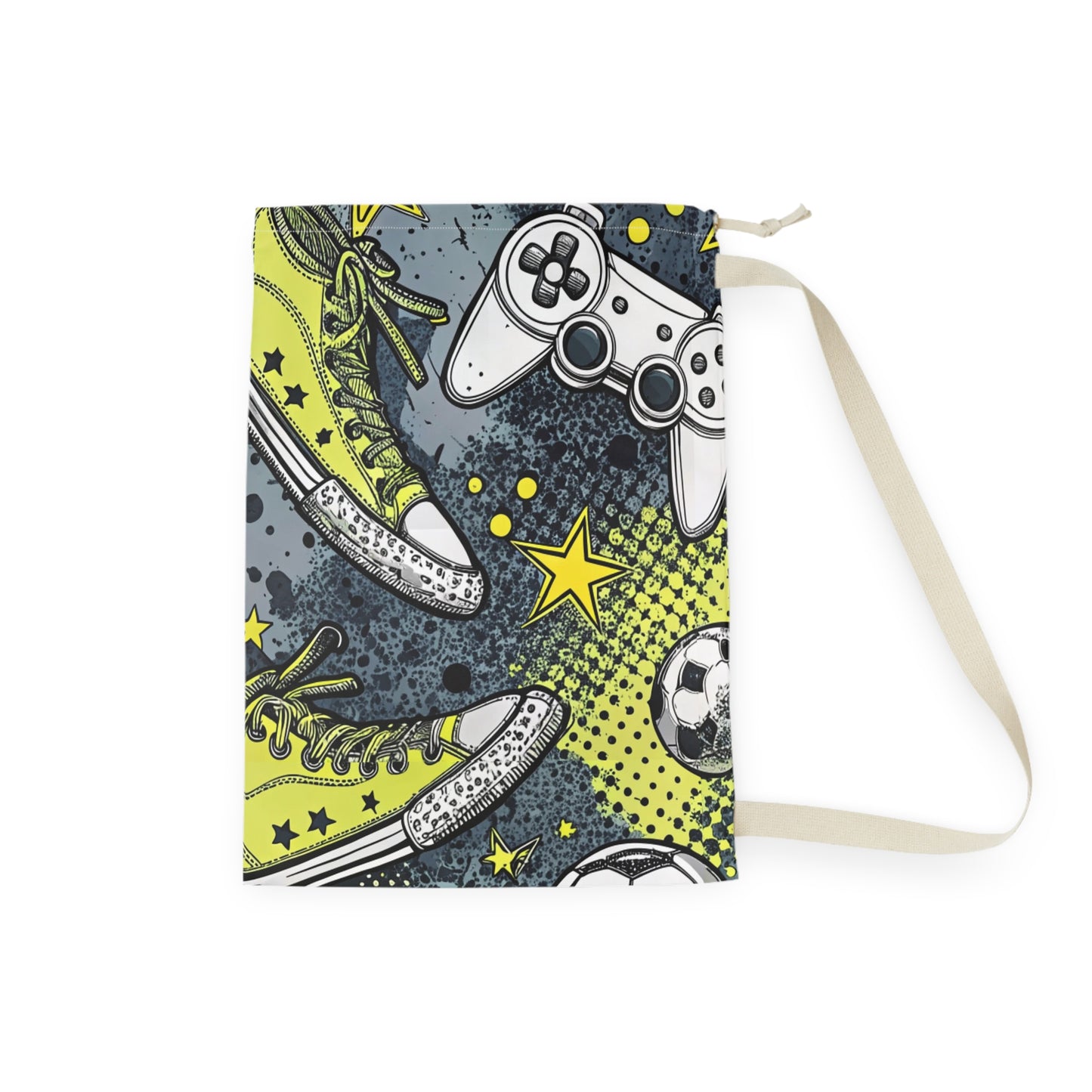 Sports & Gaming Laundry Bag — Soccer Ball, Sneakers & Controller Print