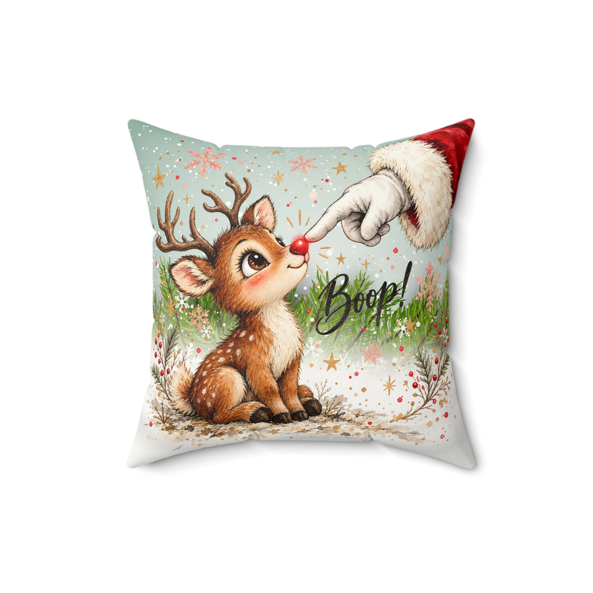 Cute Reindeer 'Boop' Christmas Throw Pillow - Faux Suede Holiday Decor Throw Pillow