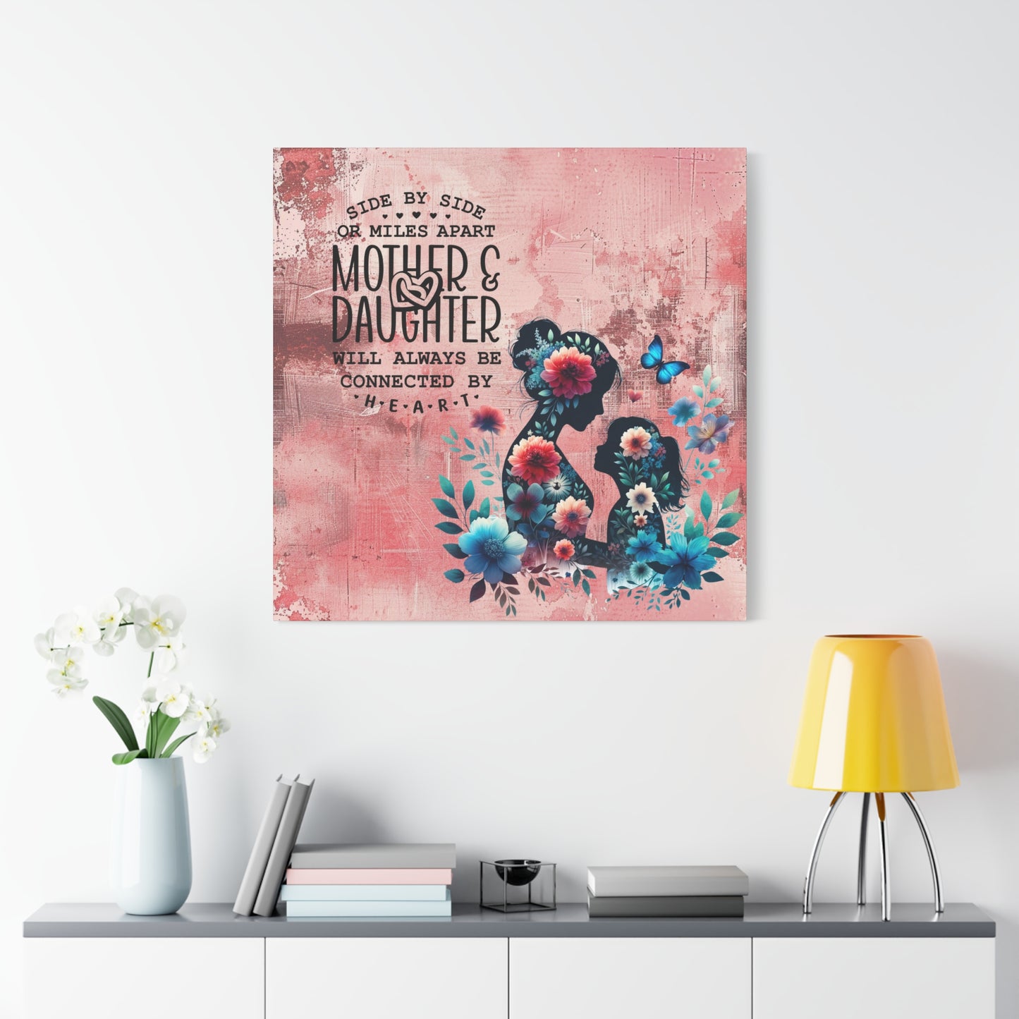 Mother-Daughter Love With Floral And Butterfly Canvas Wall Art Print