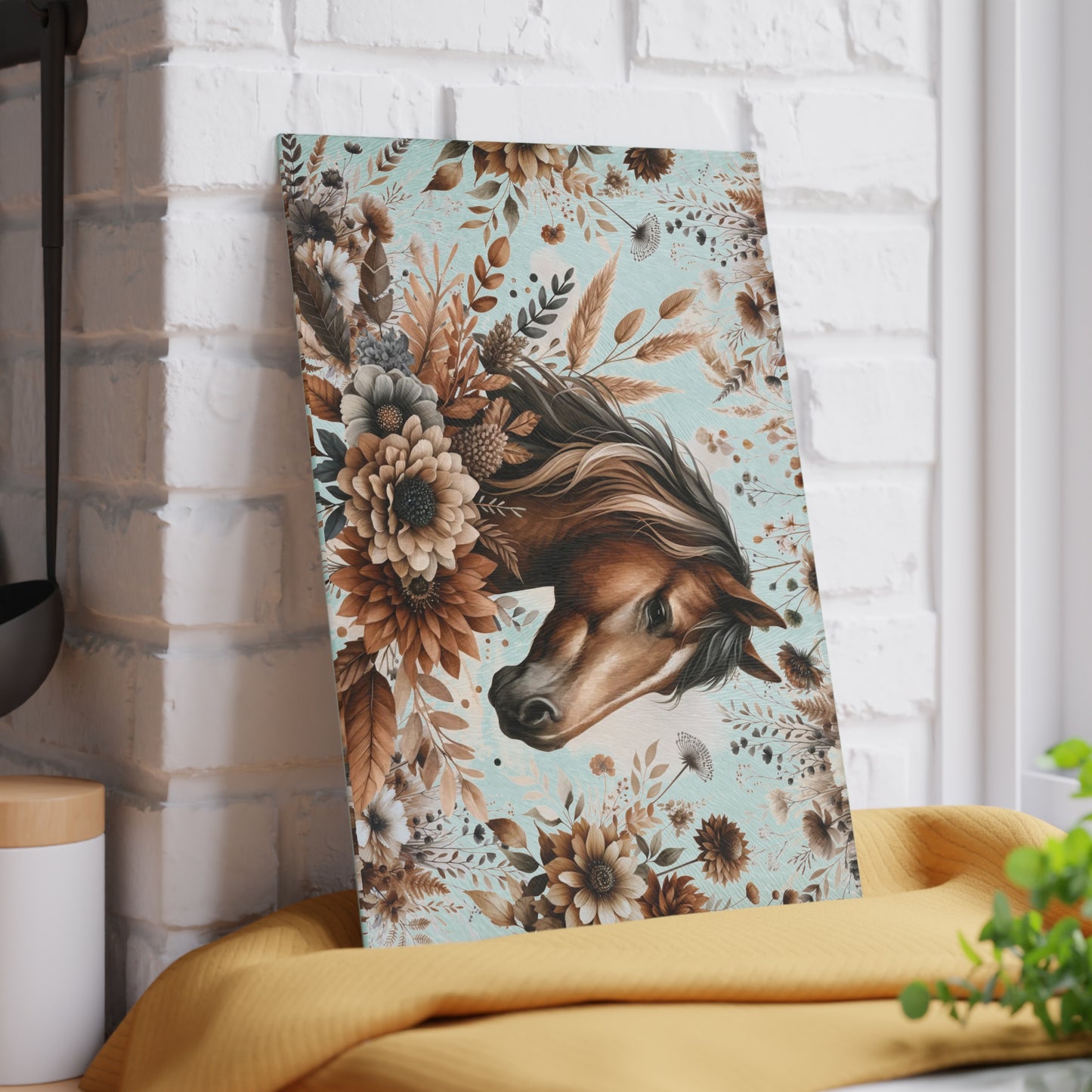 Equestrian Floral Glass Cutting Board - Perfect for Horse Lovers and Kitchen Decor