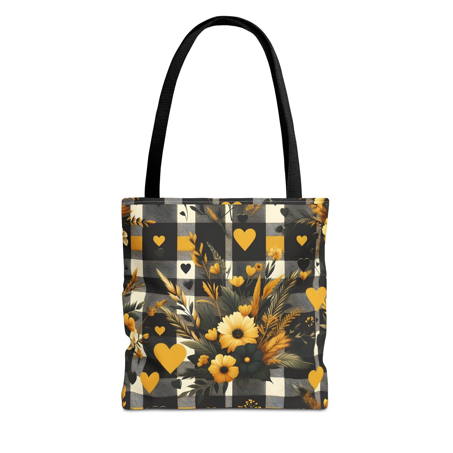 Stylish Yellow and Black Plaid Pattern with Floral and Hearts Tote Bag(AOP)