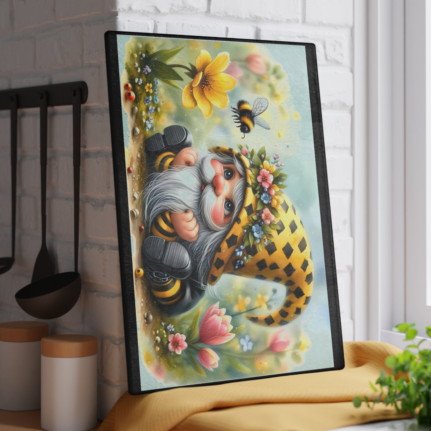 Glass Cutting Board — Cute Bee Gnome Floral Kitchen Cutting Board