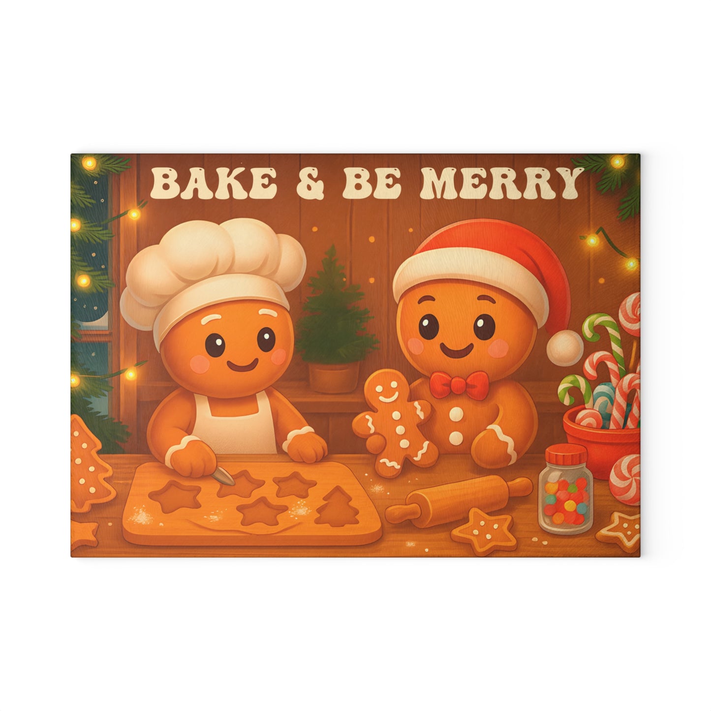 Festive Gingerbread Glass Cutting Board - "Bake & Be Merry"