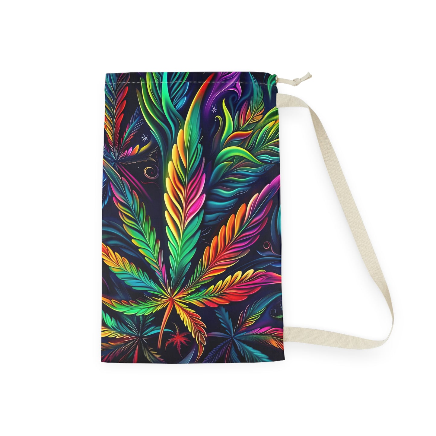 Vibrant Rainbow Botanical Leaf Laundry Bag — Boho Hippie Drawstring Tote for Dorms & Travel