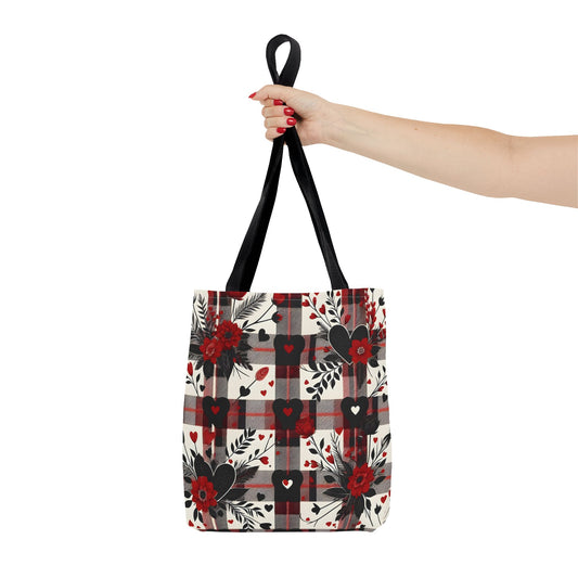 Fashionable Valentine Tote Bag (AOP) with Flowers and Hearts Plaid Design Pattern