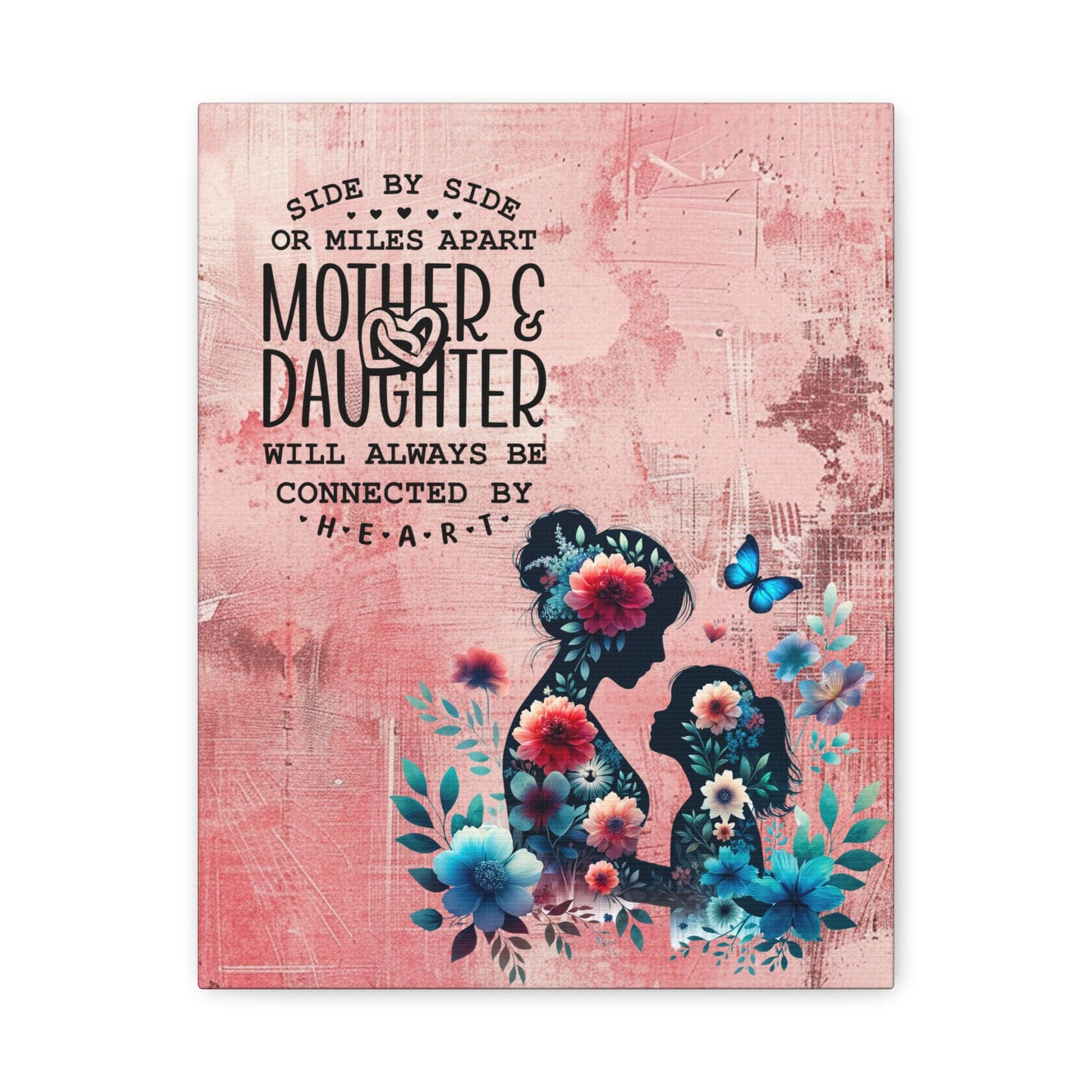 Mother-Daughter Love With Floral And Butterfly Canvas Wall Art Print