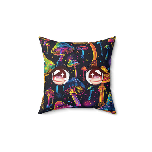 Neon Mushroom Pattern Spun Polyester Square Pillow, Stylish Neon Mushroom Decor for Home or Office, Great Gift Idea for Occasion for Anyone