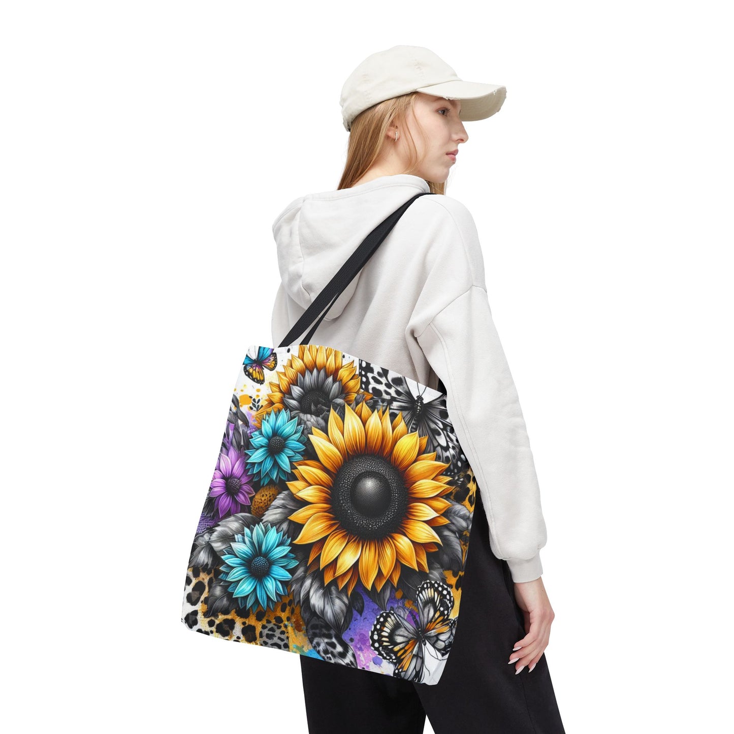 Sunflower & Butterfly Tote Bag — Colorful Floral All-Over Print