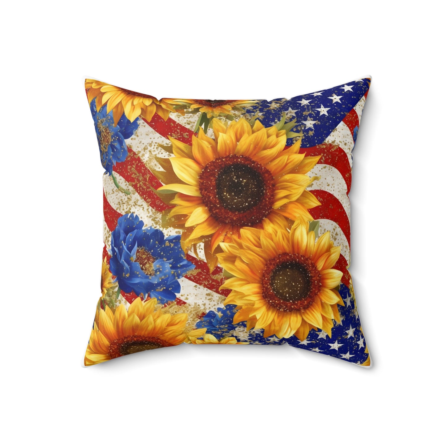 Patriotic with Sunflowers Spun Polyester Square Pillow, Home or Office Decor, Accent for Any Room, Festive for the Holiday or Everyday