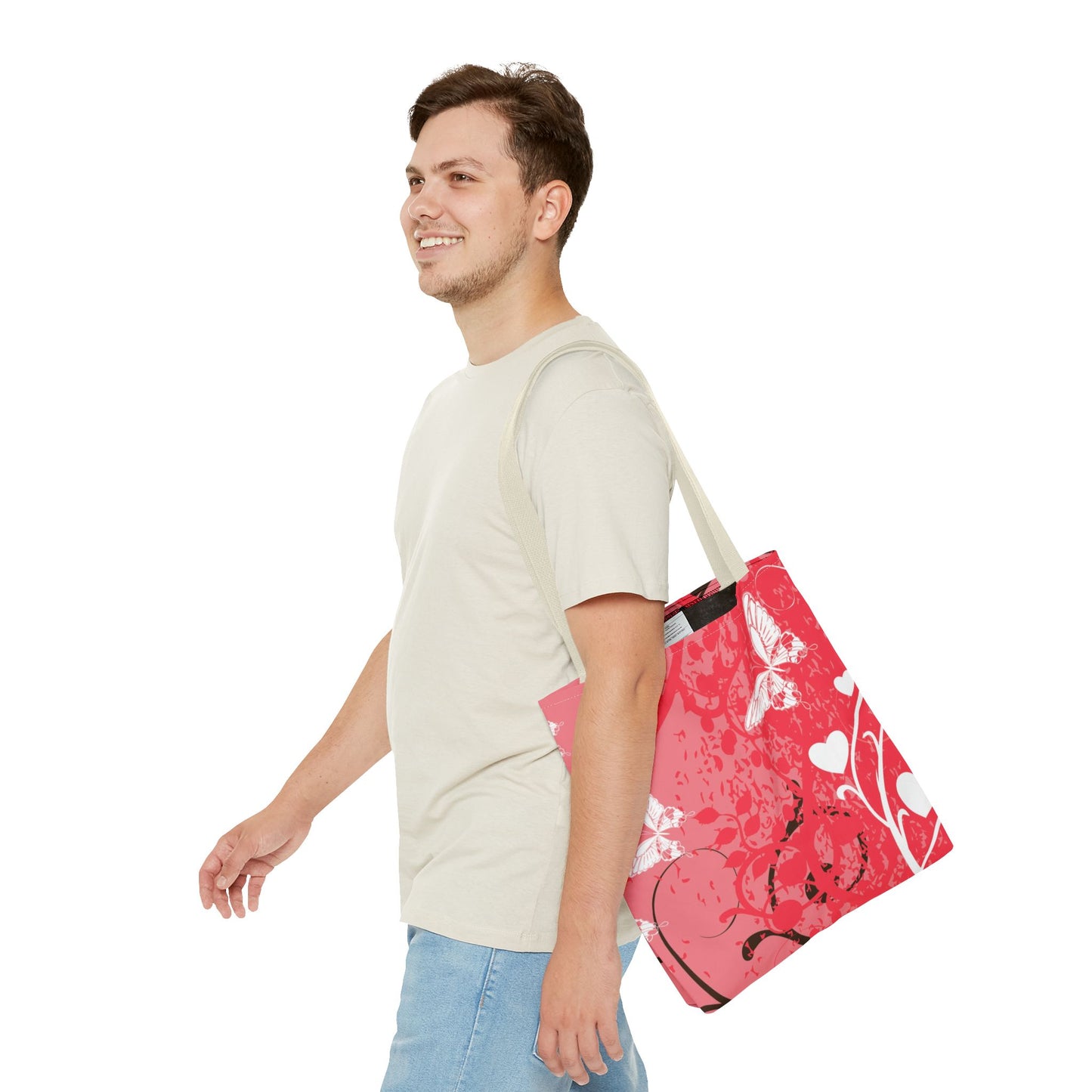 Pink Butterfly Heart Floral Abstract Fashionable Tote Bag (AOP), Stylish, Gift Idea for Birthdays, Holidays, Any Occasion for Anyone