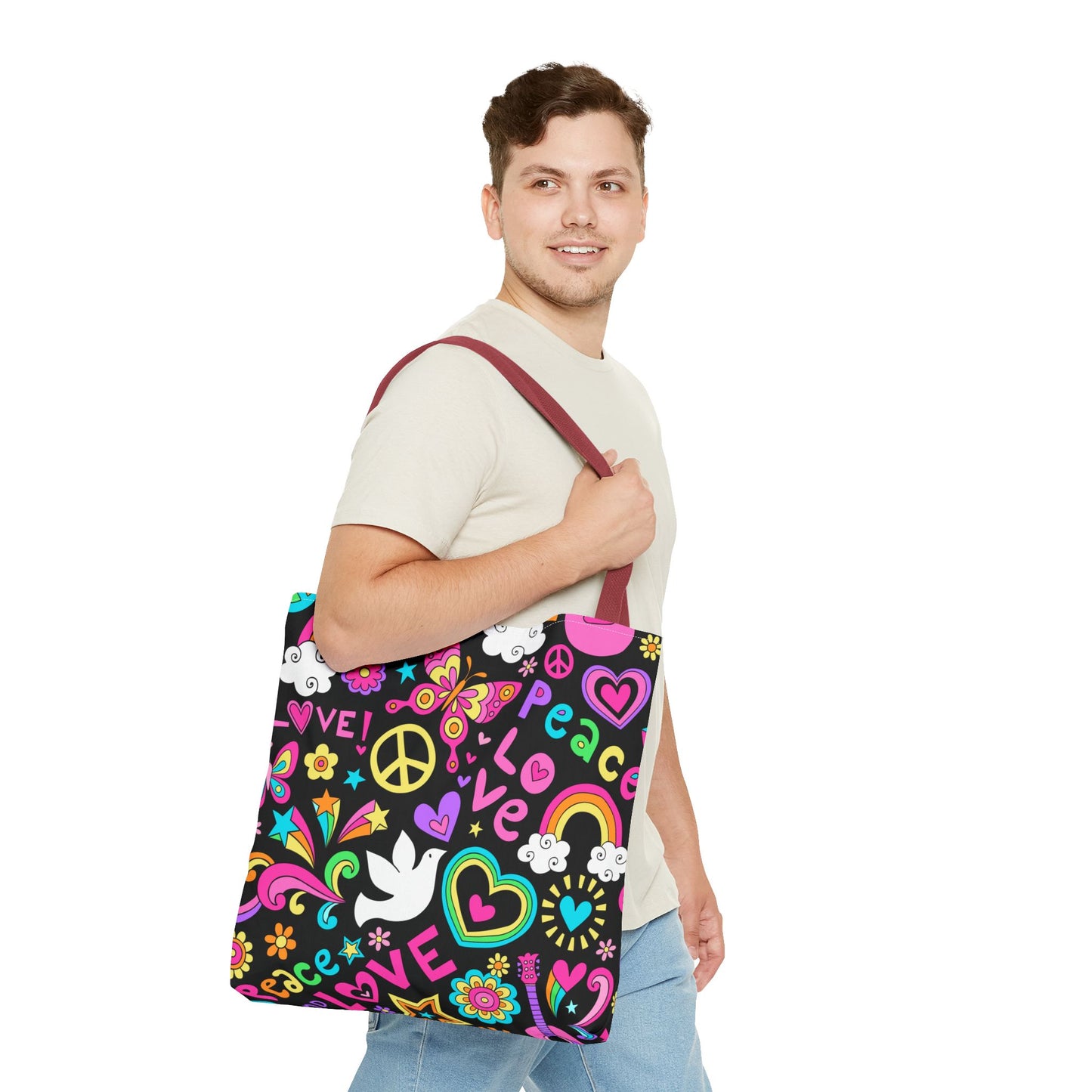 Fashionable Tote Bag (AOP), Stylish, Peace Lovers, Hippie Theme, Great Gift Idea for Birthdays, Holidays or Any Occasion for Anyone