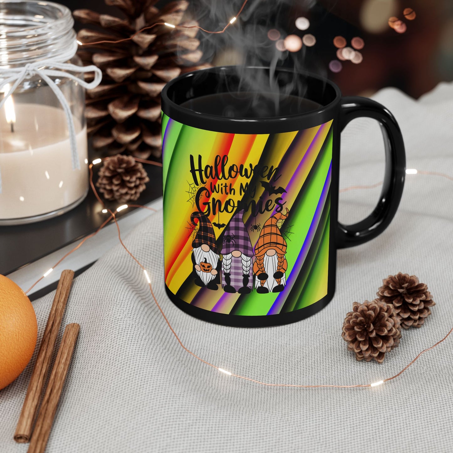 Halloween Theme Black Mug (11oz, 15oz), Cute Halloween Expression with Gnomes, Halloween Lovers, Gnome Lovers, Coffee, Tea, Hot Chocolate Lovers Gift Idea