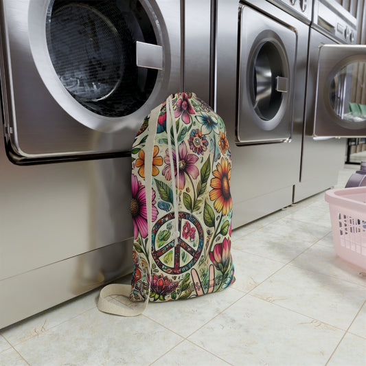 Floral Peace Laundry Bag — Boho Hippie Drawstring Hamper - "Sorting My Life Out" saying