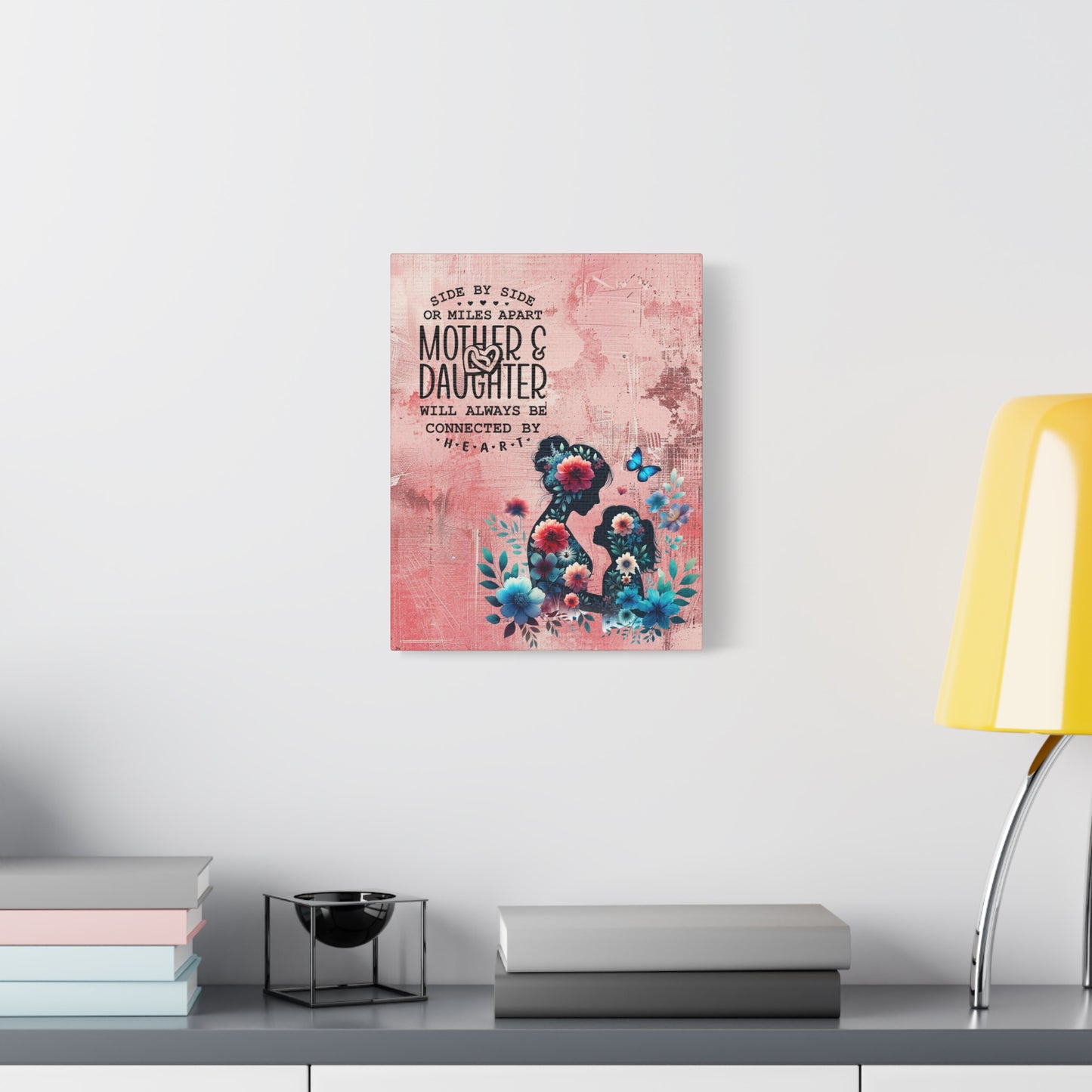 Mother-Daughter Love With Floral And Butterfly Canvas Wall Art Print
