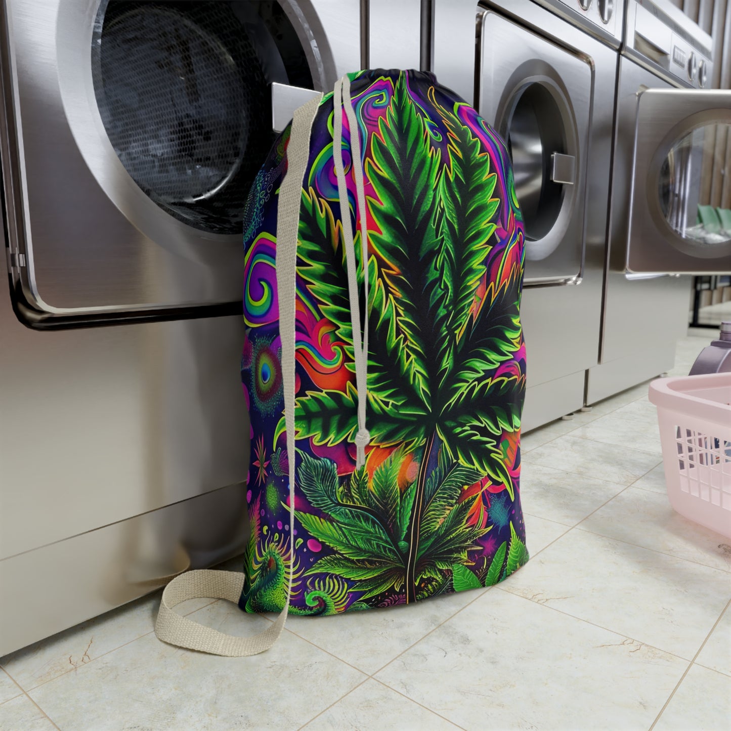 Kaleidoscopic Botanical Leaf Laundry Bag – Neon Trippy Drawstring Hamper