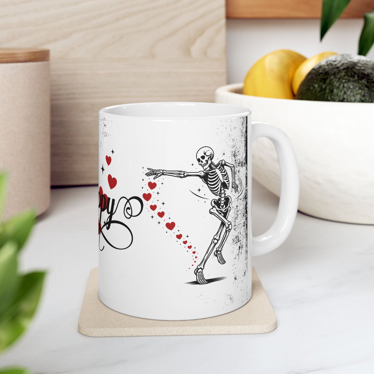 Mug — “So Happy Together” Romantic Skeleton Ceramic Coffee Mug with Hearts (11oz & 15oz)