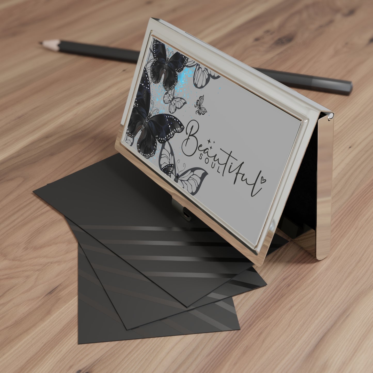 Beautiful Soul Butterfly Business Card Holder — Elegant Floral Metal Card Case