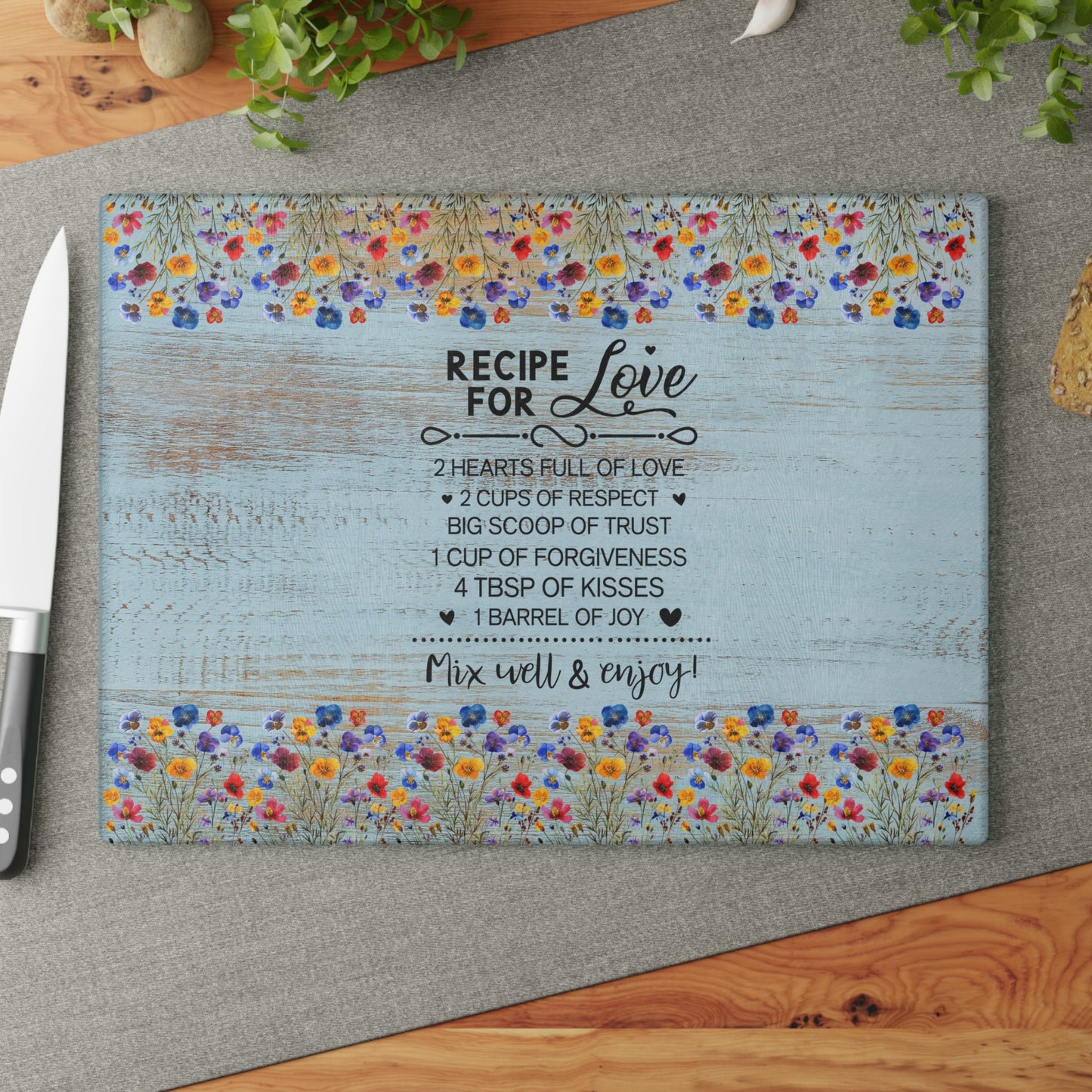 Glass Cutting Board - "Recipe for Love" Floral Kitchen Decor, Decorative Tempered Glass Chopping Board, Wedding & Mother’s Day Gift