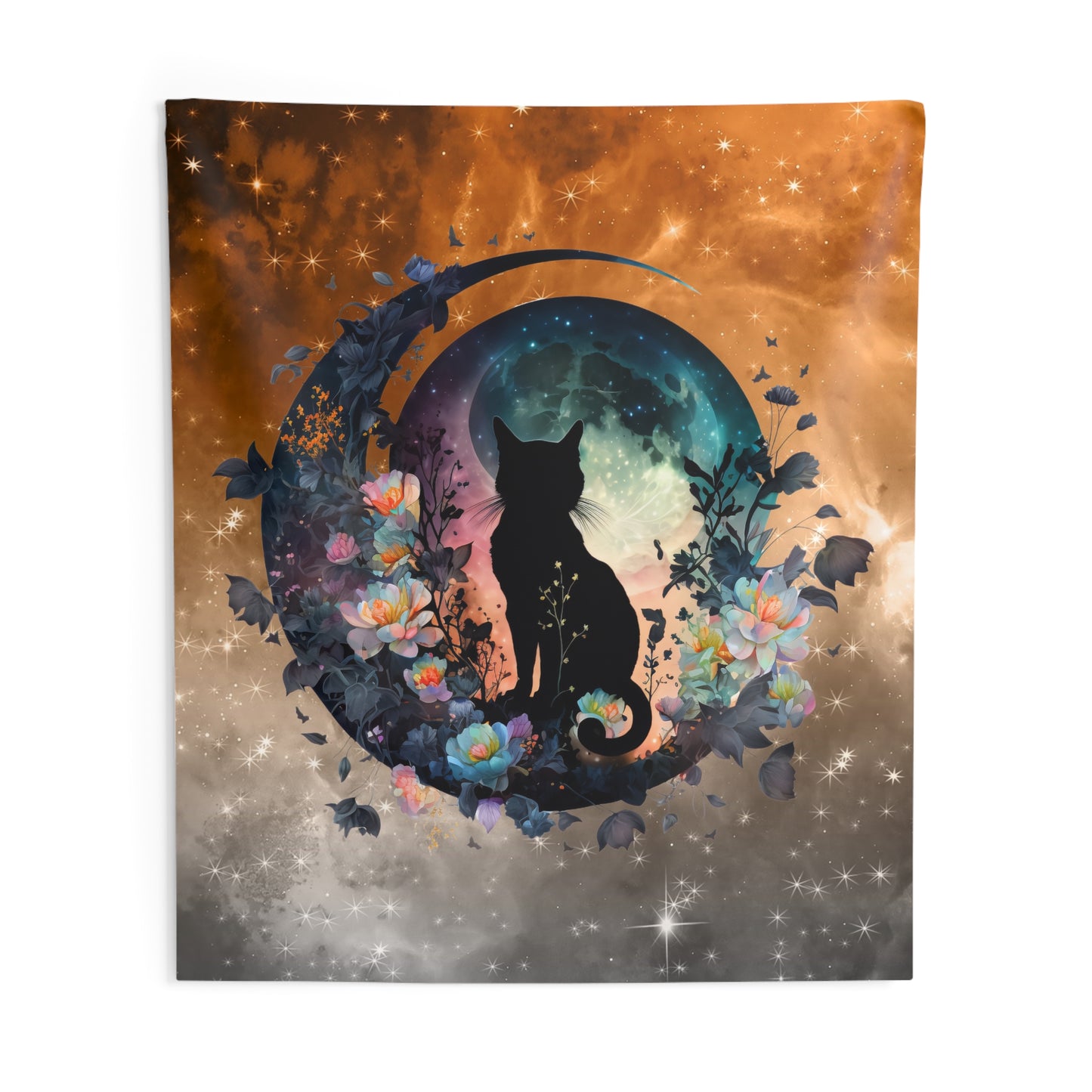 Mystical Cat Indoor Wall Tapestry, Bohemian Home Decor, Cat Lovers Gift, Space Art, Floral Wall Hanging