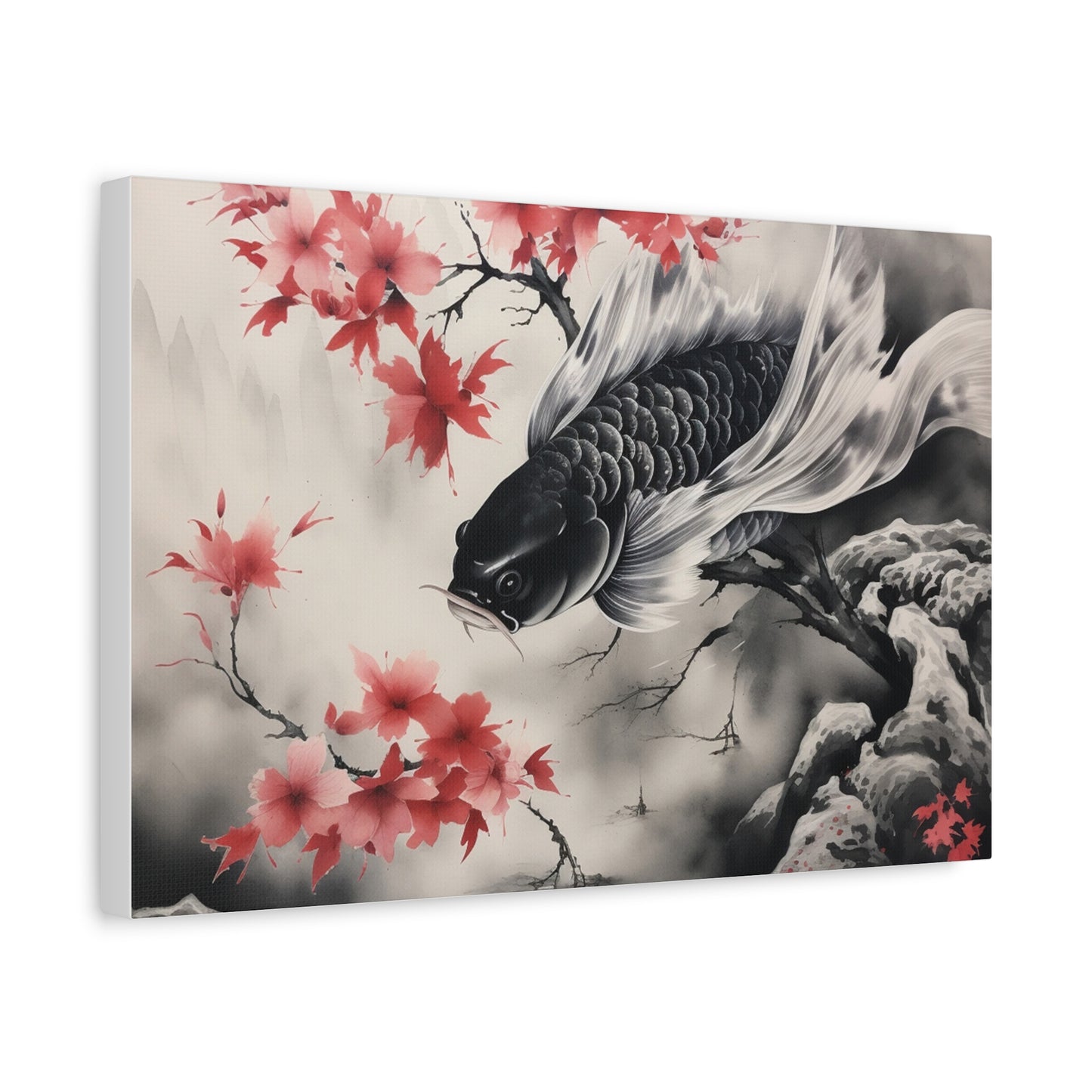 Koi Fish Artwork Canvas Wall Art Print - Elegant Decorative Wall Art with Cherry Blossoms