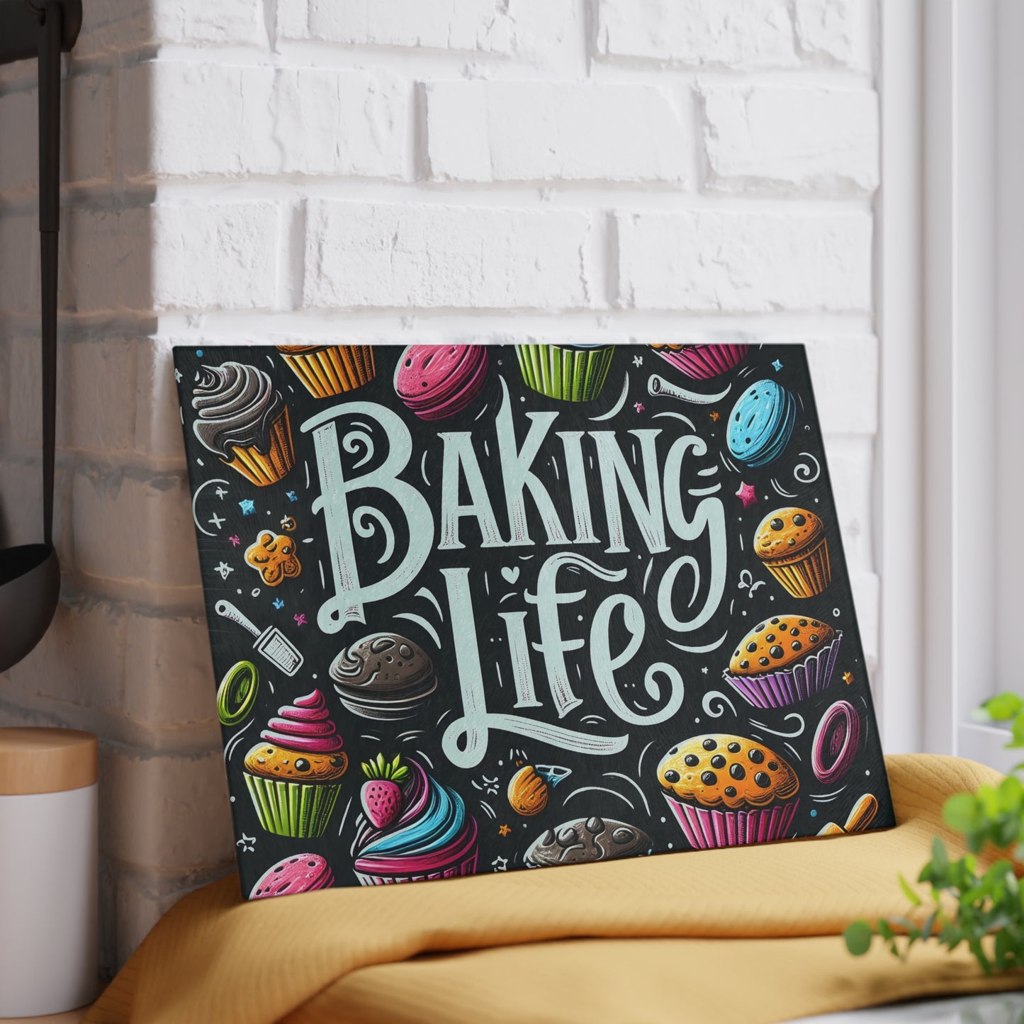 Baking Life Glass Cutting Board - Colorful Culinary Art for Baking Enthusiasts