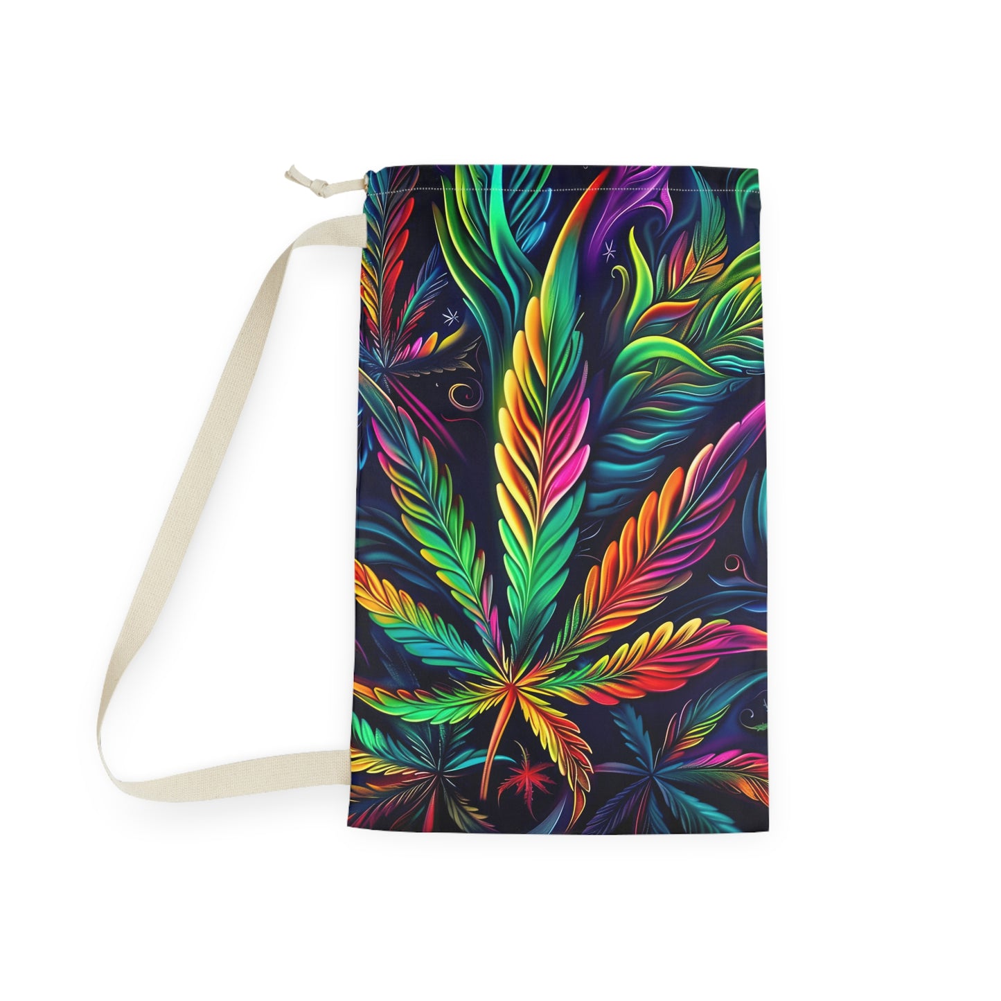 Vibrant Rainbow Botanical Leaf Laundry Bag — Boho Hippie Drawstring Tote for Dorms & Travel