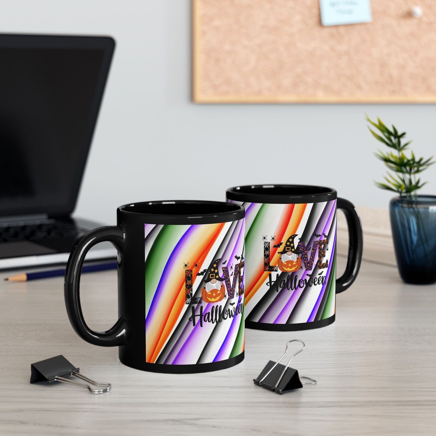 Halloween Theme with Gnome Black Mug (11oz, 15oz) Halloween Lovers, Coffee, Tea, Hot Chocolate lovers, Great Gift Idea for Any Occasion for Anyone