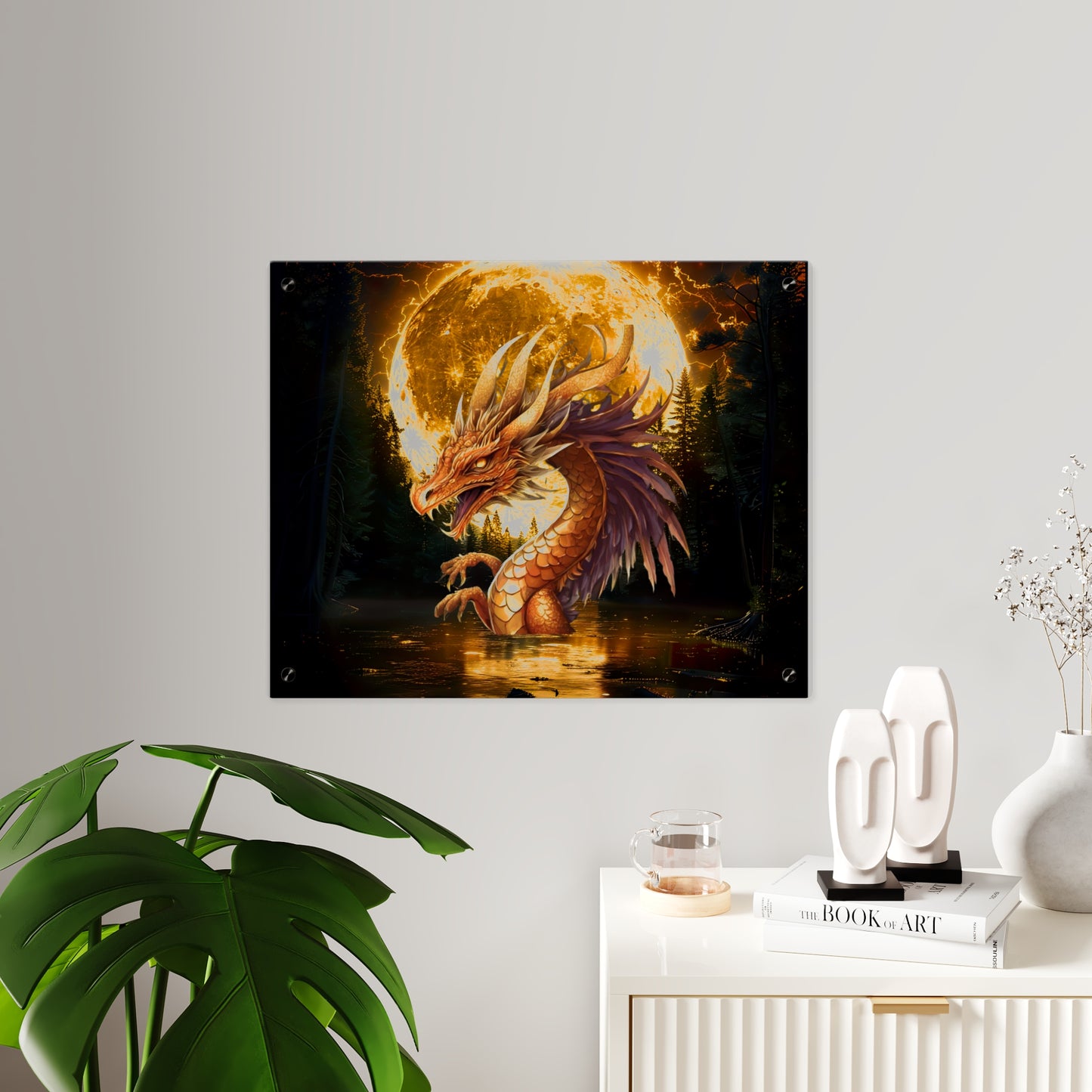 Gothic Theme Acrylic Wall Art Panel, Purple Dragon with Moon Background, Dragon Lovers, For Anyone, Accent for Any Room