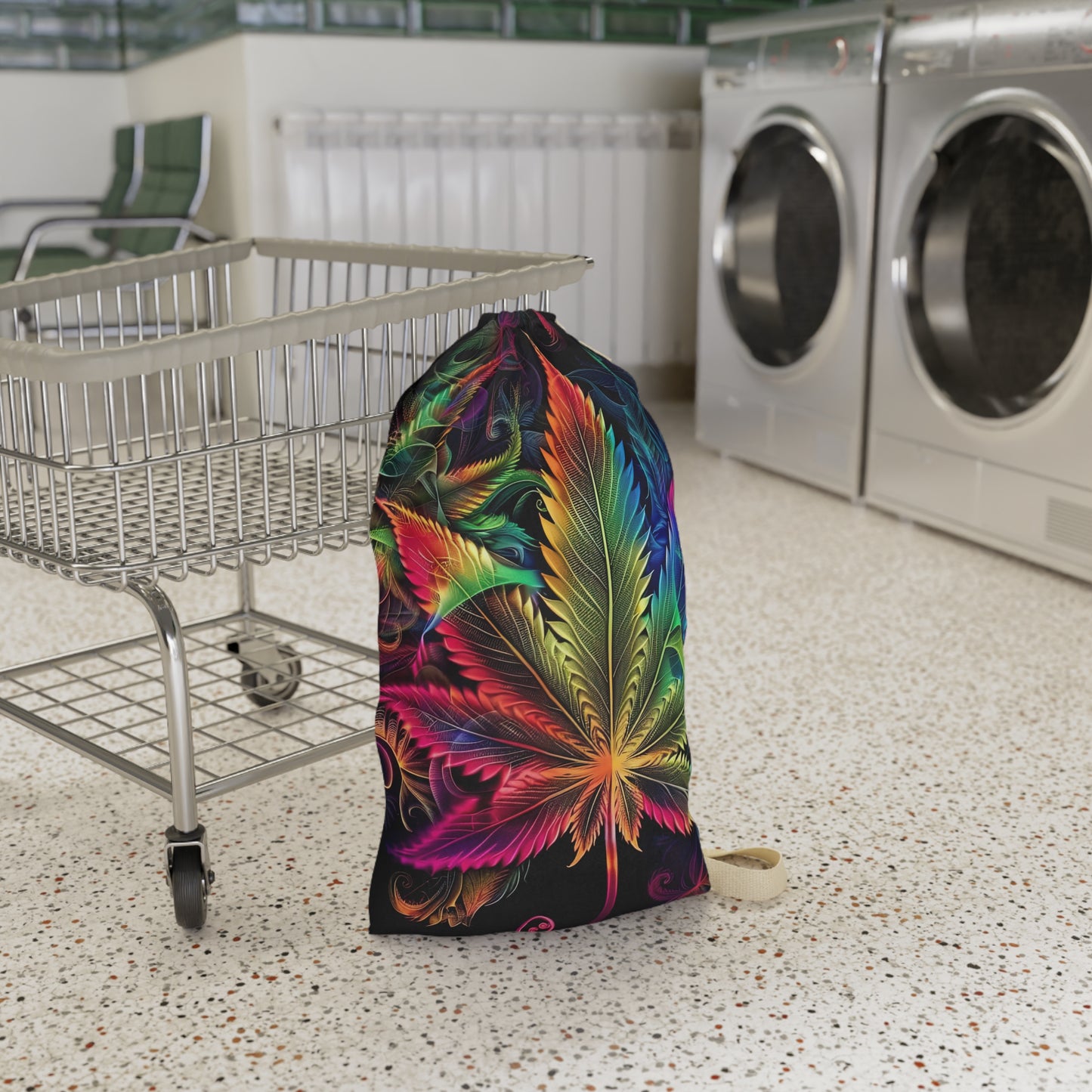 Botanical Rainbow Leaf Laundry Bag — Vibrant Drawstring Clothes Pouch