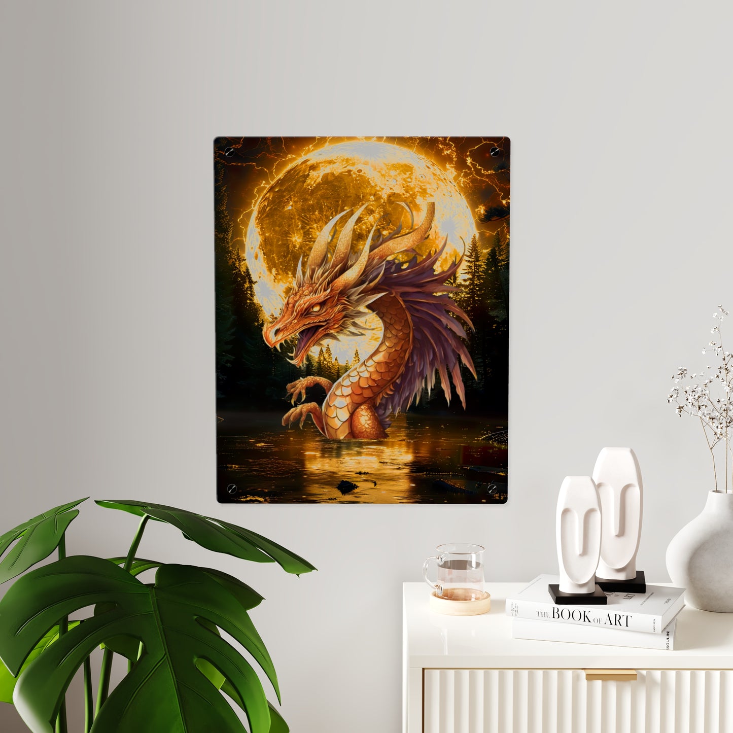 Gothic Theme Acrylic Wall Art Panel, Purple Dragon with Moon Background, Dragon Lovers, For Anyone, Accent for Any Room